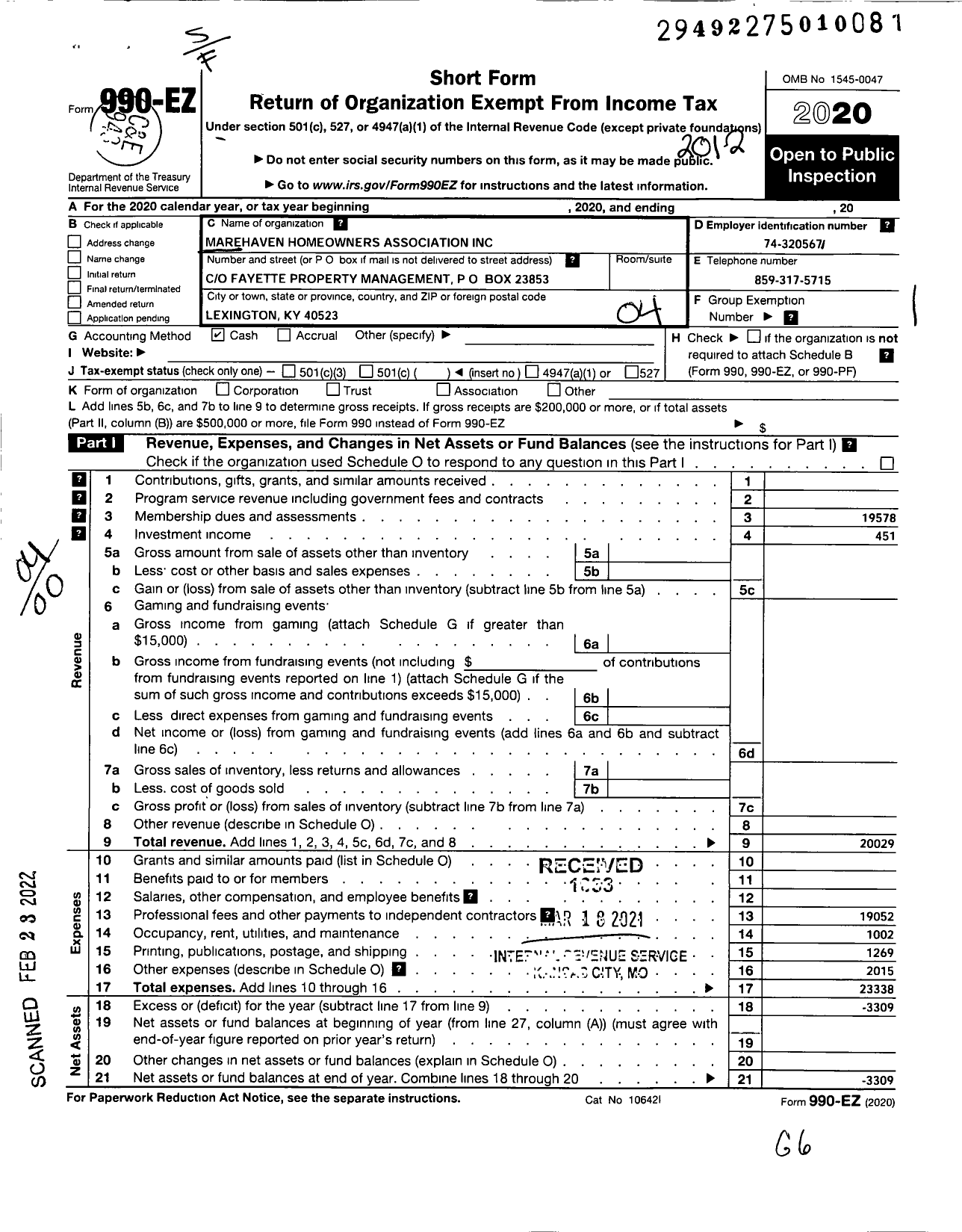 Image of first page of 2020 Form 990EO for Marehaven Homeowners Association