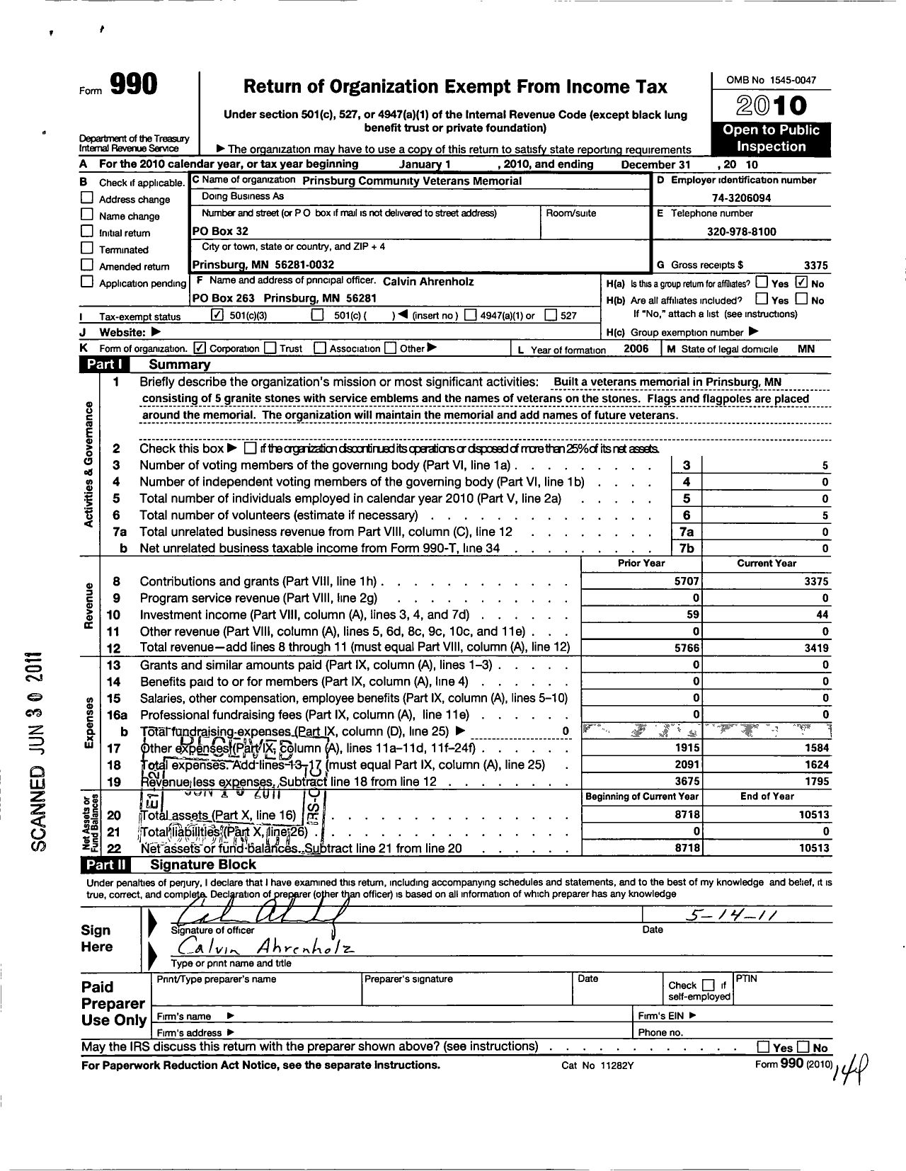 Image of first page of 2010 Form 990 for Prinsburg Community Veterans Memorial