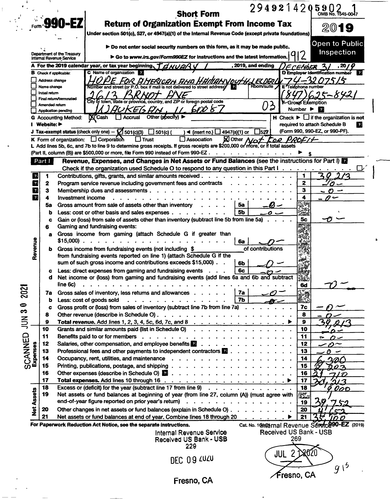 Image of first page of 2019 Form 990EZ for Hope for American and Haitian youth and the Elderly