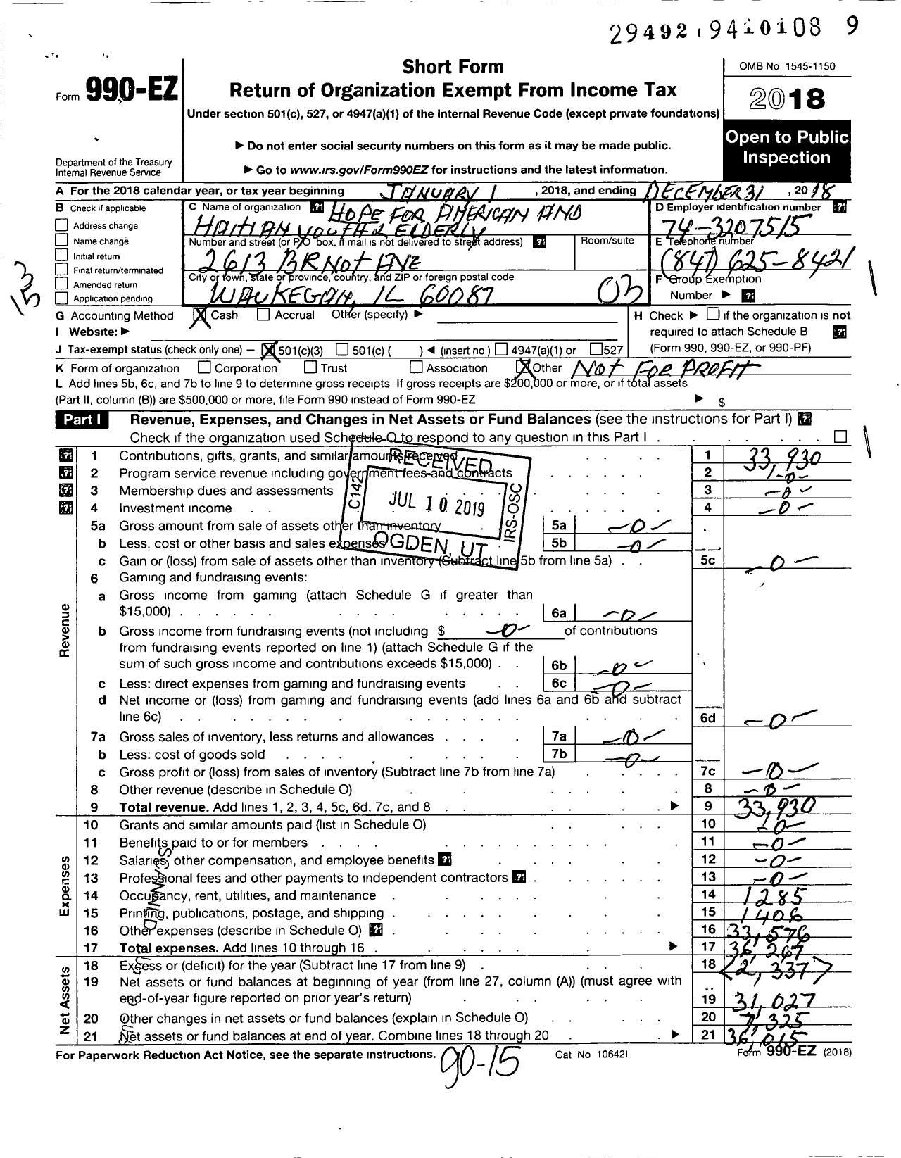 Image of first page of 2018 Form 990EZ for Hope for American and Haitian youth and the Elderly