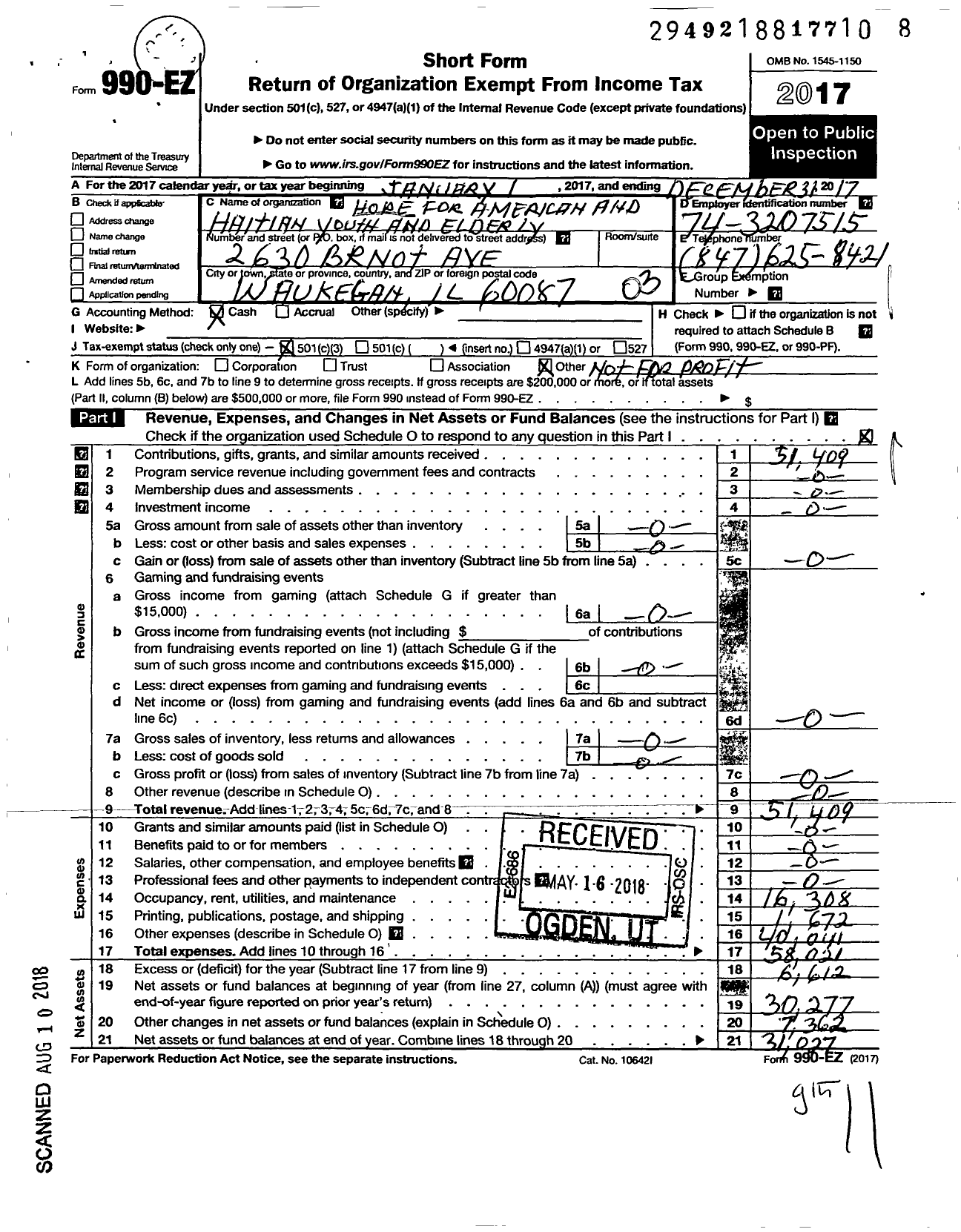 Image of first page of 2017 Form 990EZ for Hope for American and Haitian youth and the Elderly