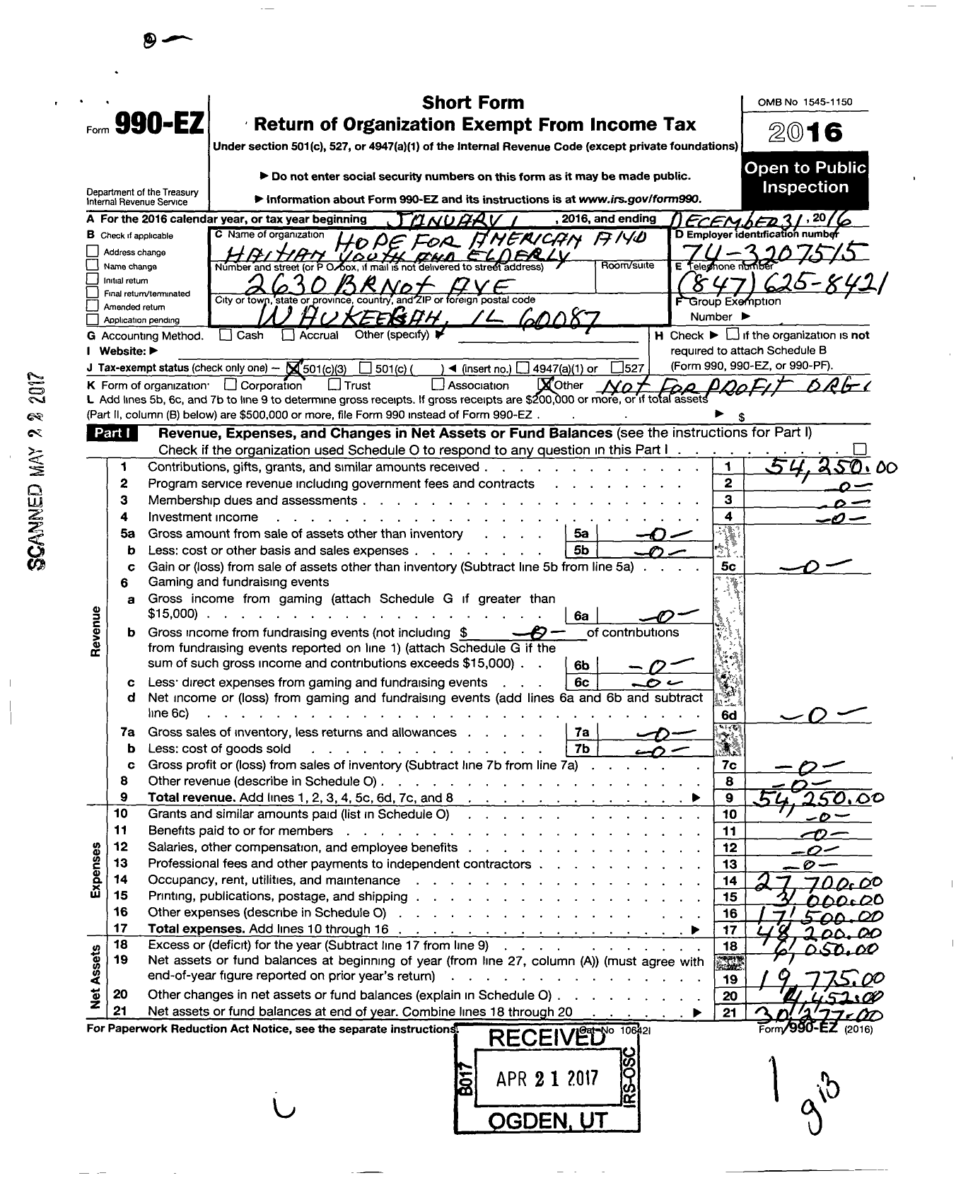 Image of first page of 2016 Form 990EZ for Hope for American and Haitian youth and the Elderly