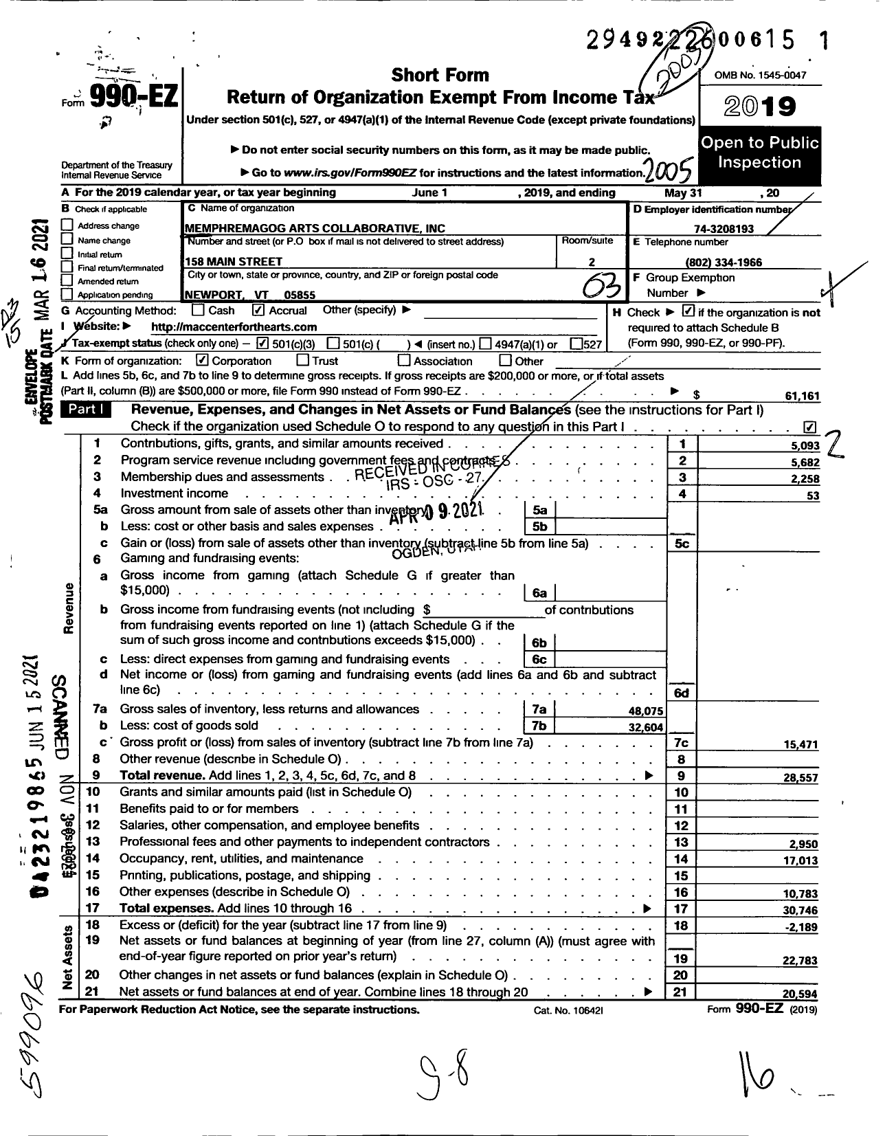 Image of first page of 2019 Form 990EZ for Memphremagog Arts Collaborative