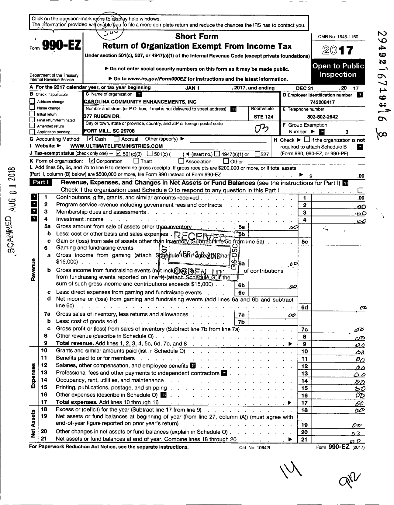 Image of first page of 2017 Form 990EZ for Carolina Community Enhancements Foundation