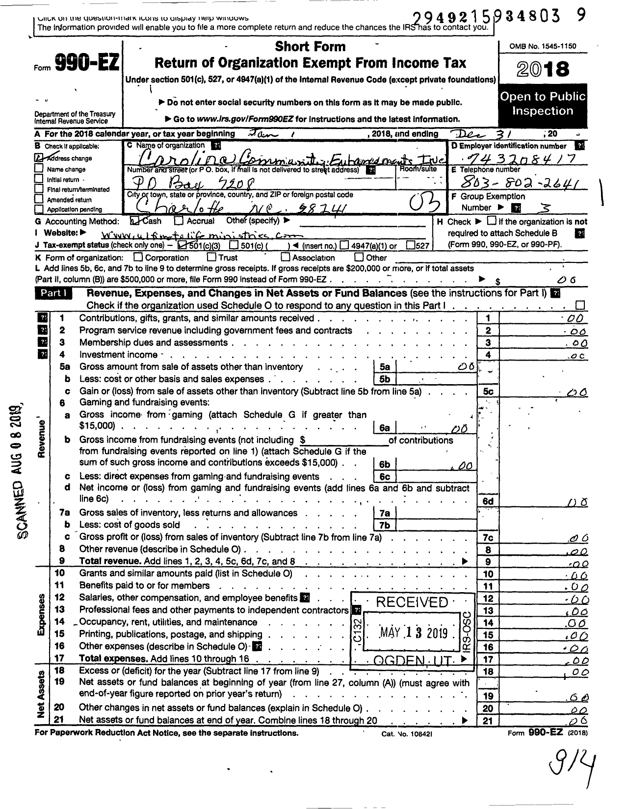 Image of first page of 2018 Form 990EZ for Carolina Community Enhancements Foundation