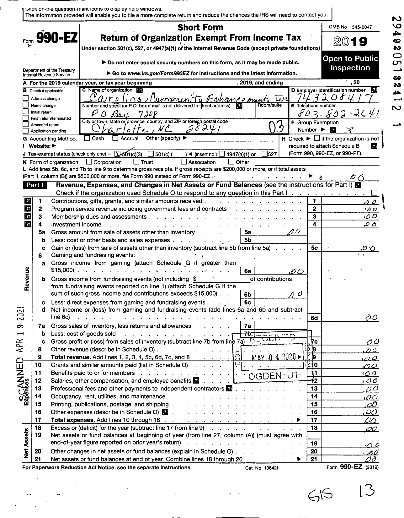 Image of first page of 2019 Form 990EZ for Carolina Community Enhancements Foundation