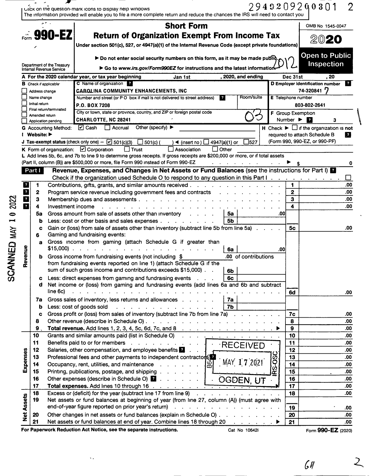 Image of first page of 2020 Form 990EZ for Carolina Community Enhancements Foundation