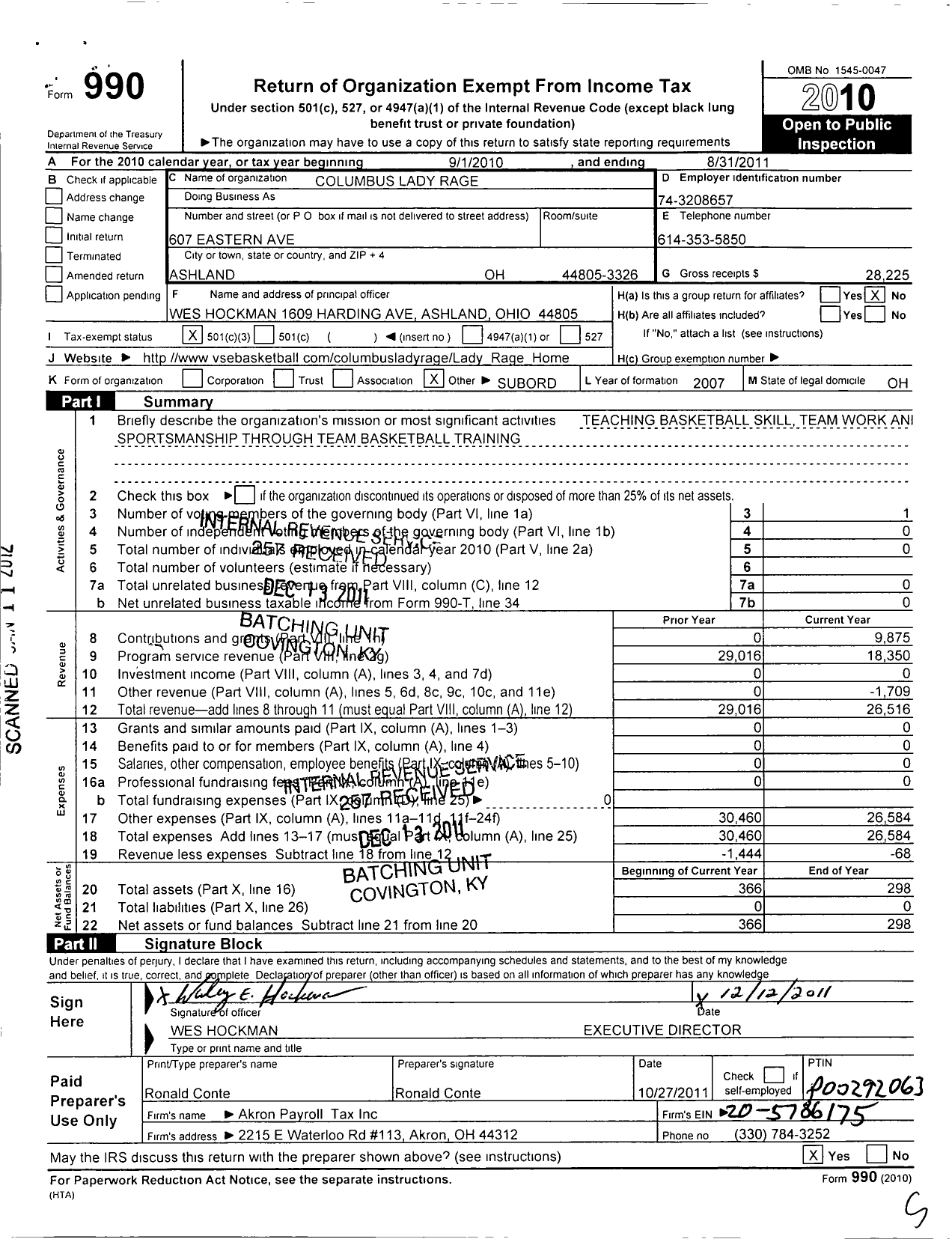 Image of first page of 2010 Form 990 for Amateur Athletic Union - Columbus Lady Rage