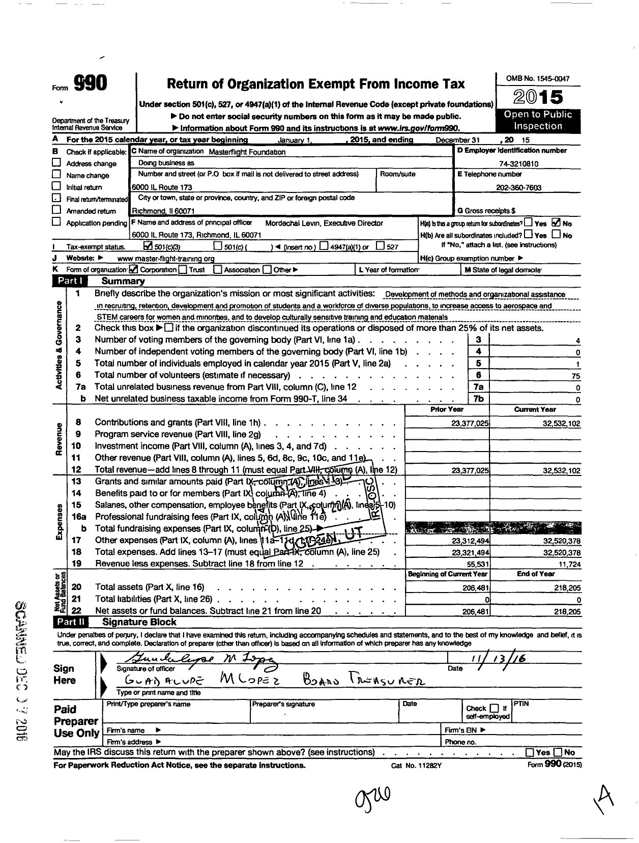 Image of first page of 2015 Form 990 for Masterflight Foundation
