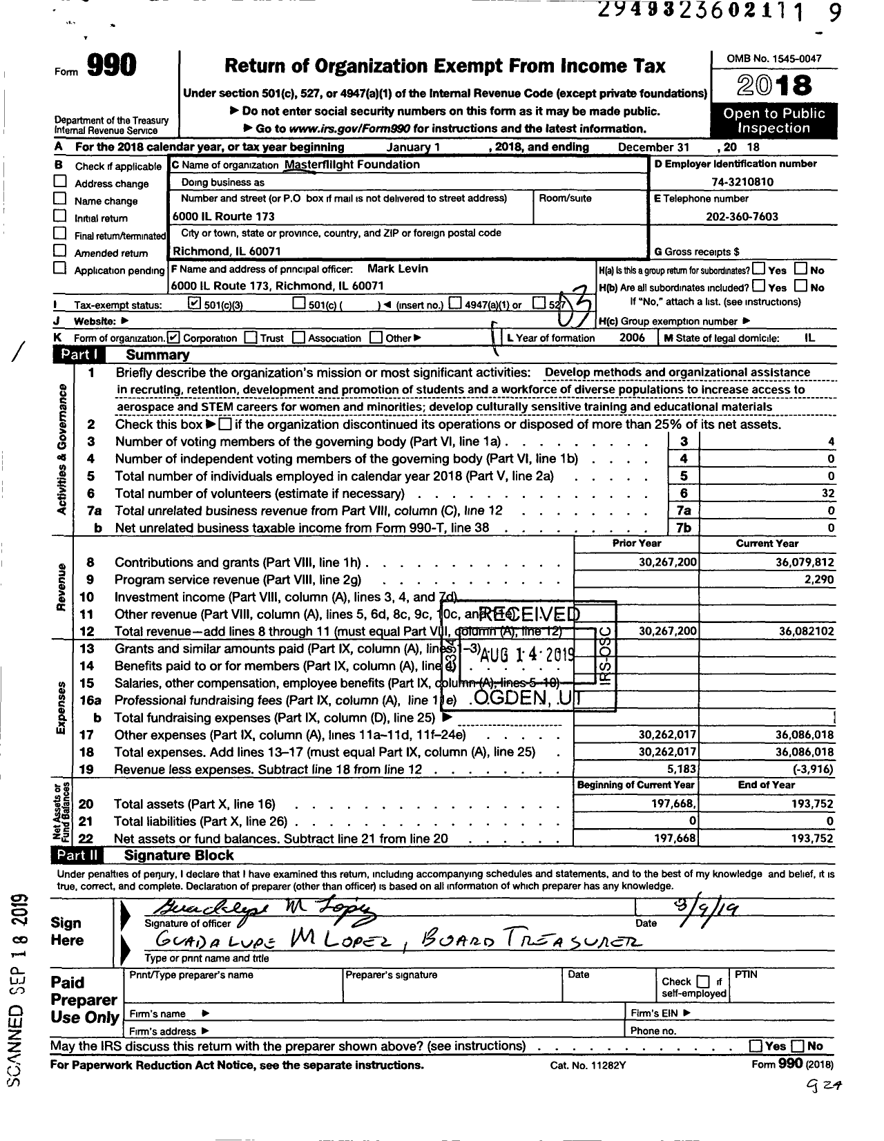 Image of first page of 2018 Form 990 for Masterflight Foundation