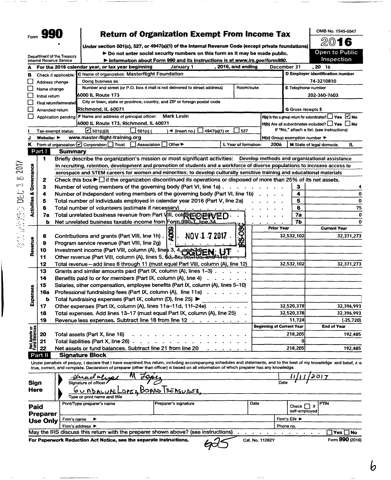 Image of first page of 2016 Form 990 for Masterflight Foundation