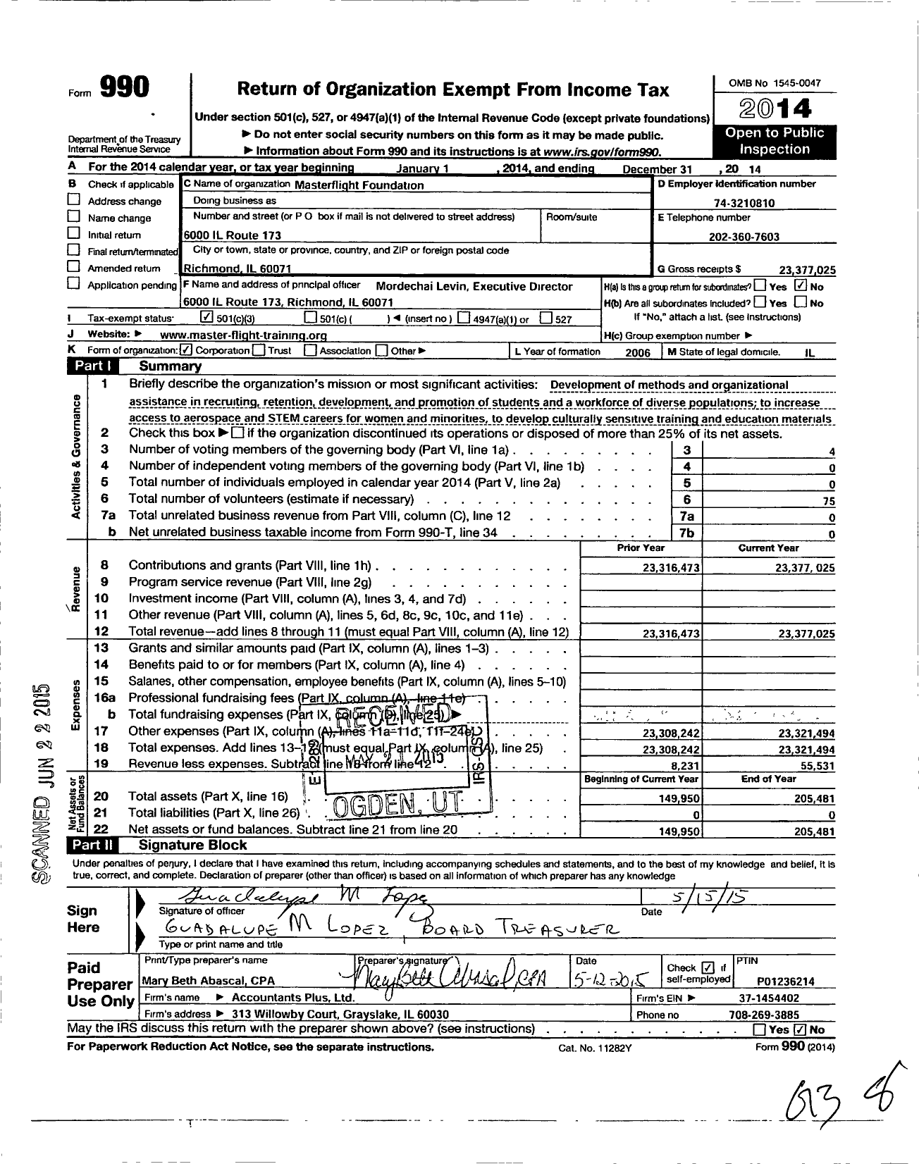 Image of first page of 2014 Form 990 for Masterflight Foundation