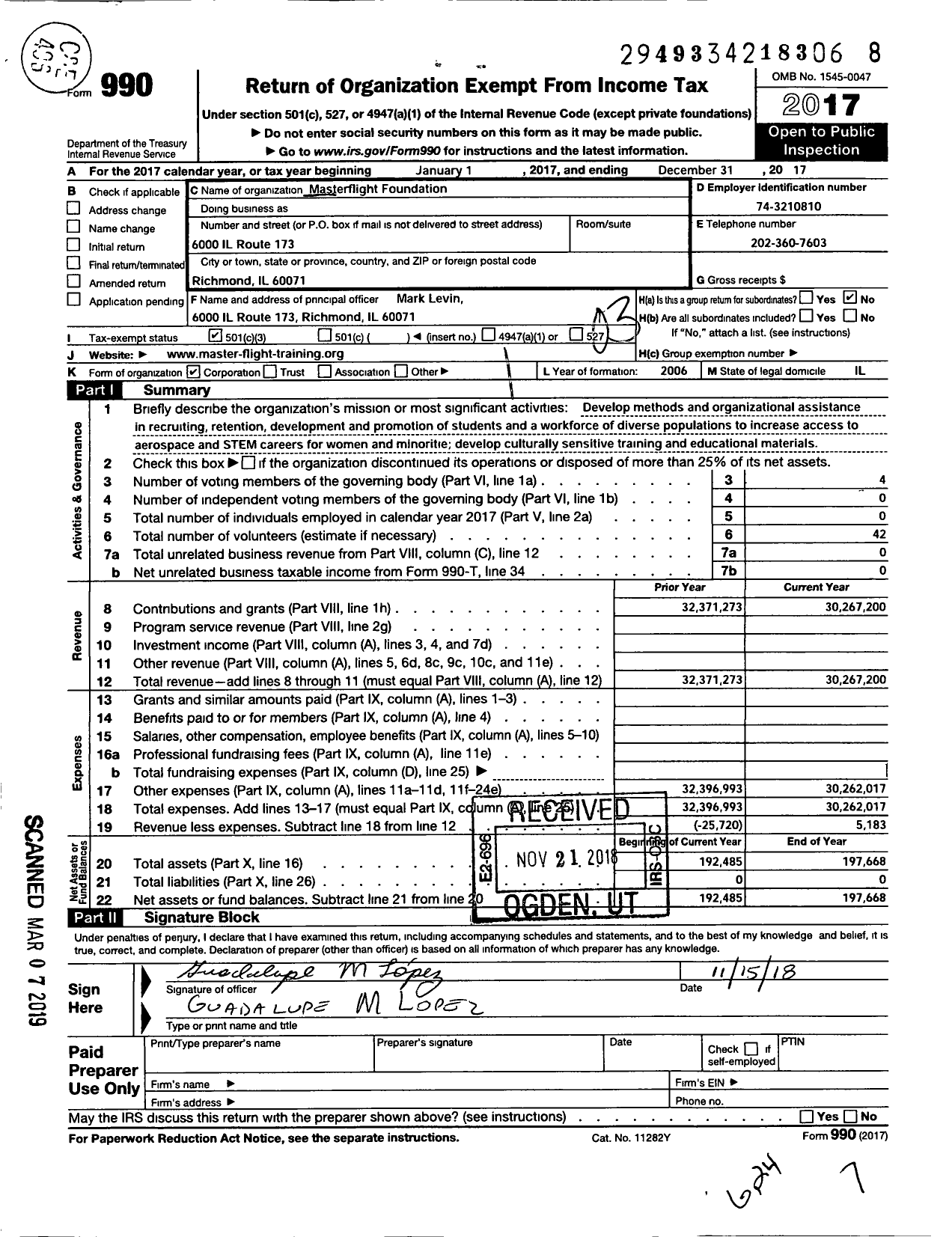 Image of first page of 2017 Form 990 for Masterflight Foundation
