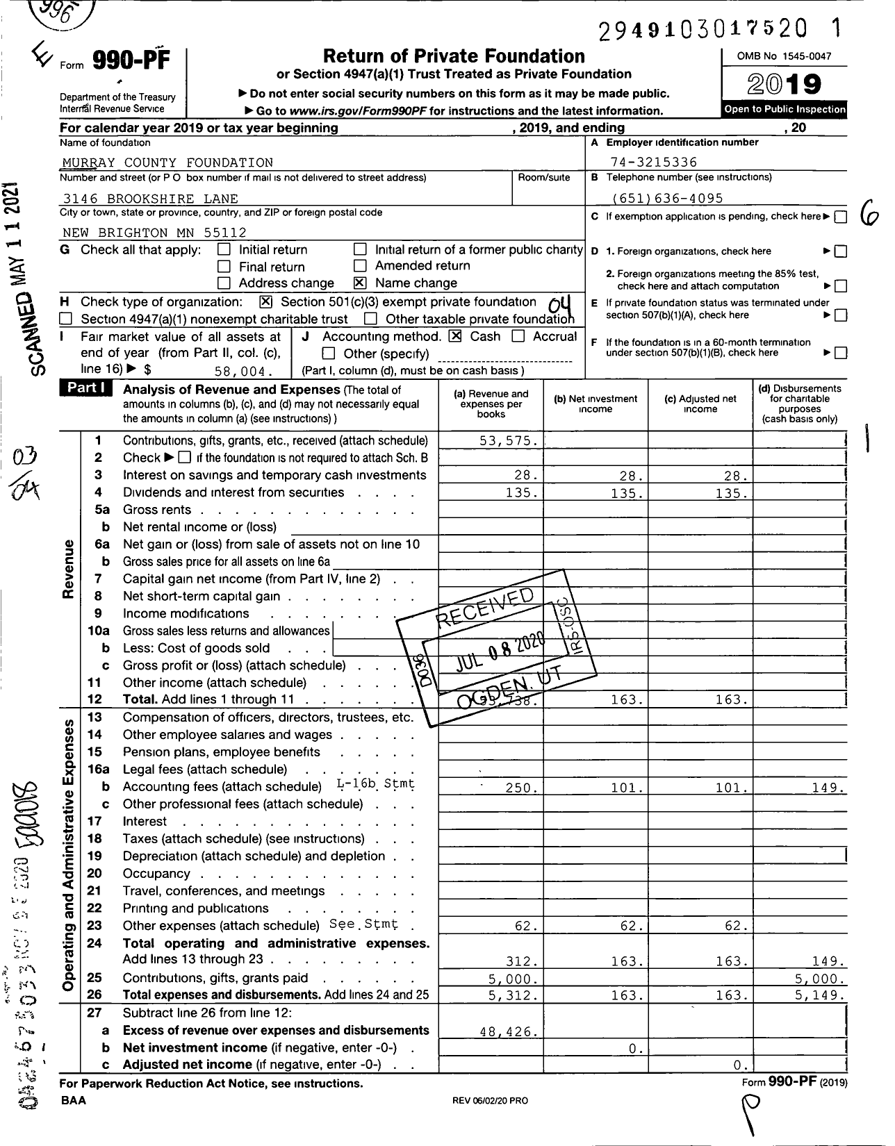 Image of first page of 2019 Form 990PF for Murray County Foundation