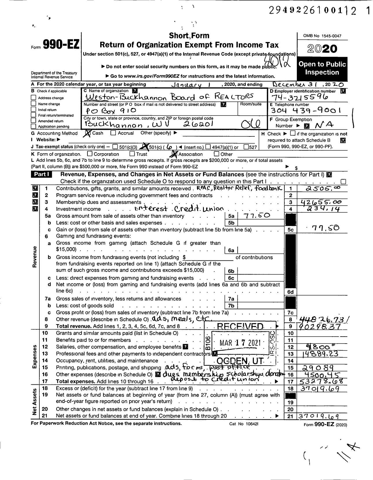 Image of first page of 2020 Form 990EO for Weston-Buckhannon Board of Realtors