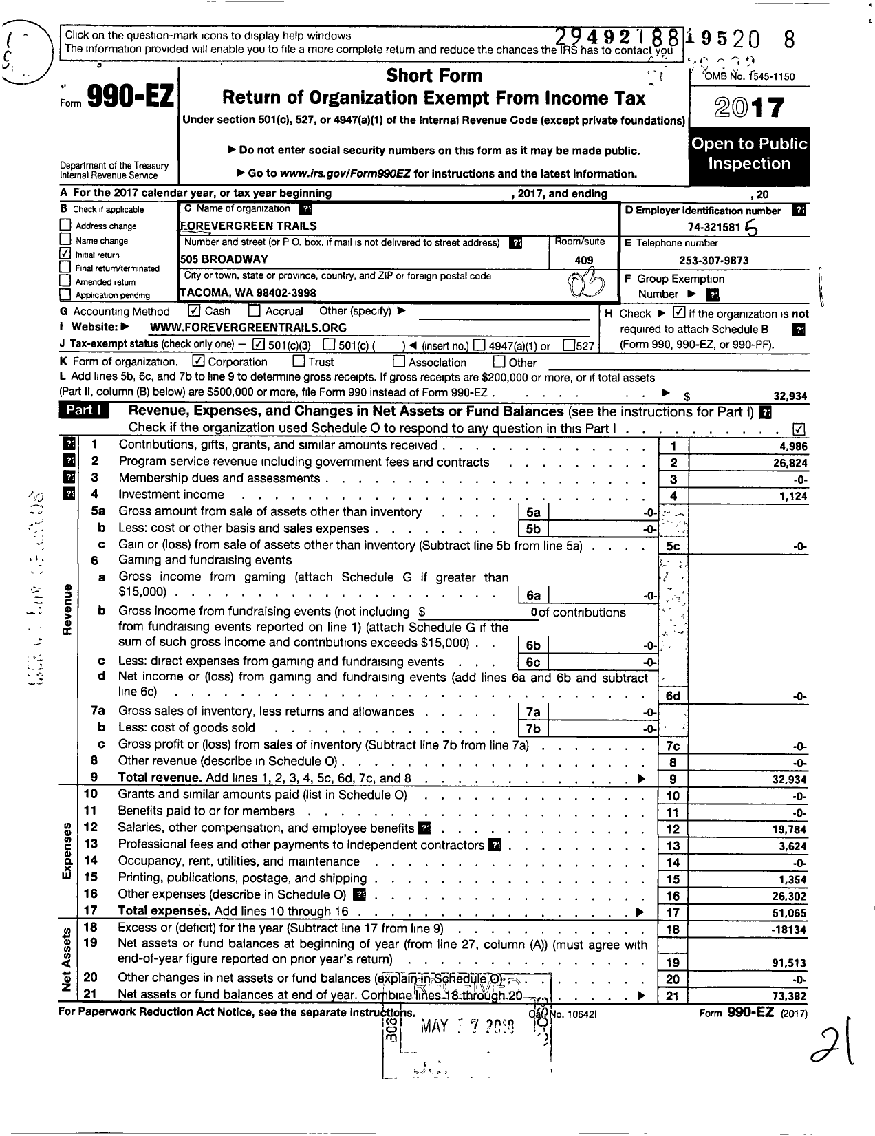 Image of first page of 2017 Form 990EZ for ForeverGreen Trails