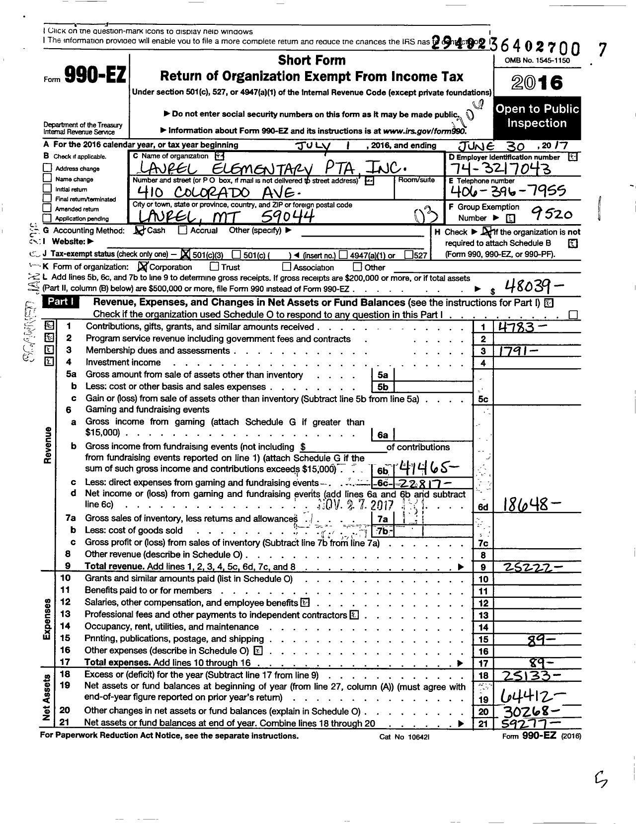 Image of first page of 2016 Form 990EZ for Montana Congress of Parents Teachers Students / Laurel Elementary PTA