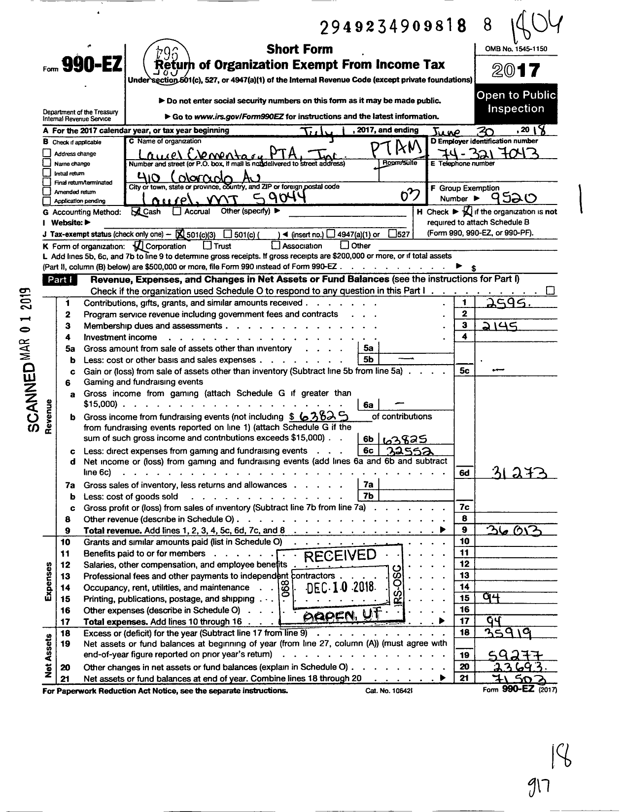 Image of first page of 2017 Form 990EZ for Montana Congress of Parents Teachers Students / Laurel Elementary PTA