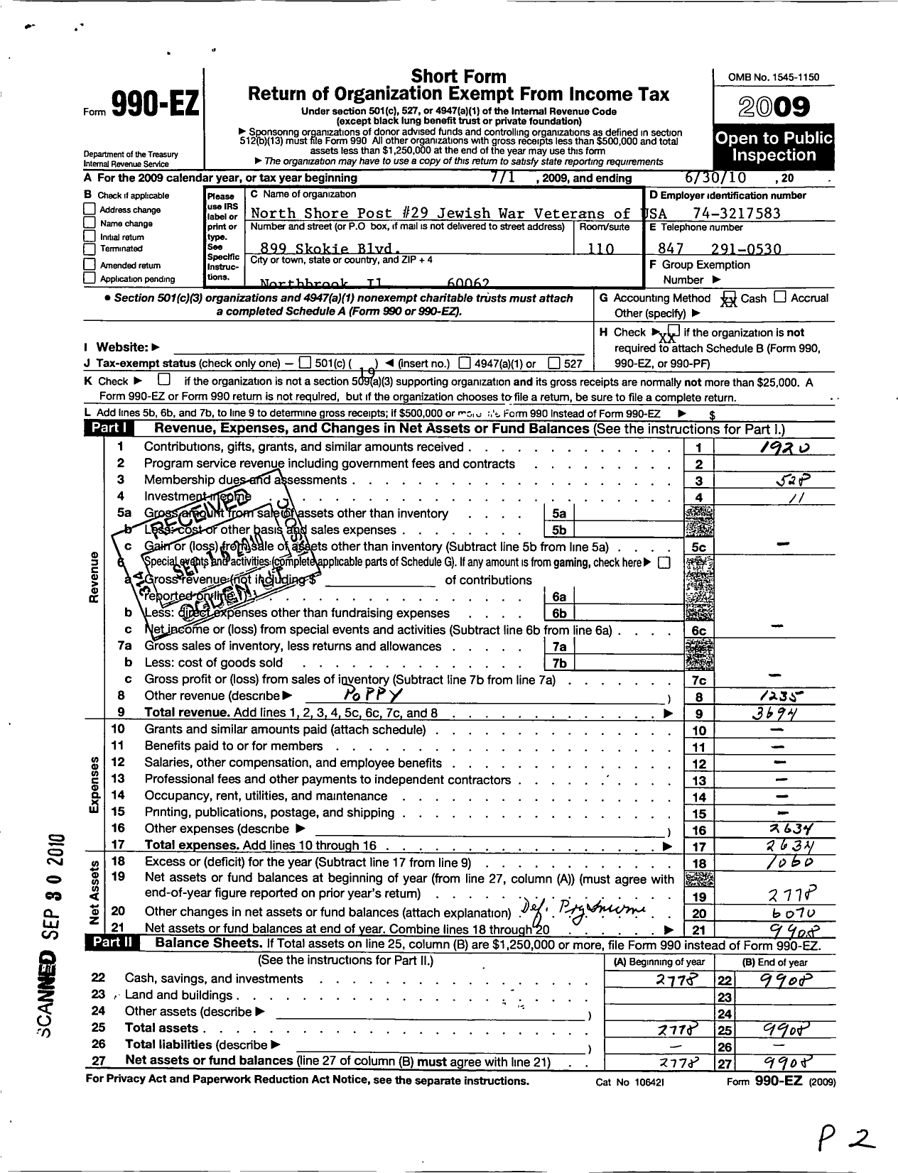 Image of first page of 2009 Form 990EO for Jewish War Veterans of the United States of America - 29 North Shore Post