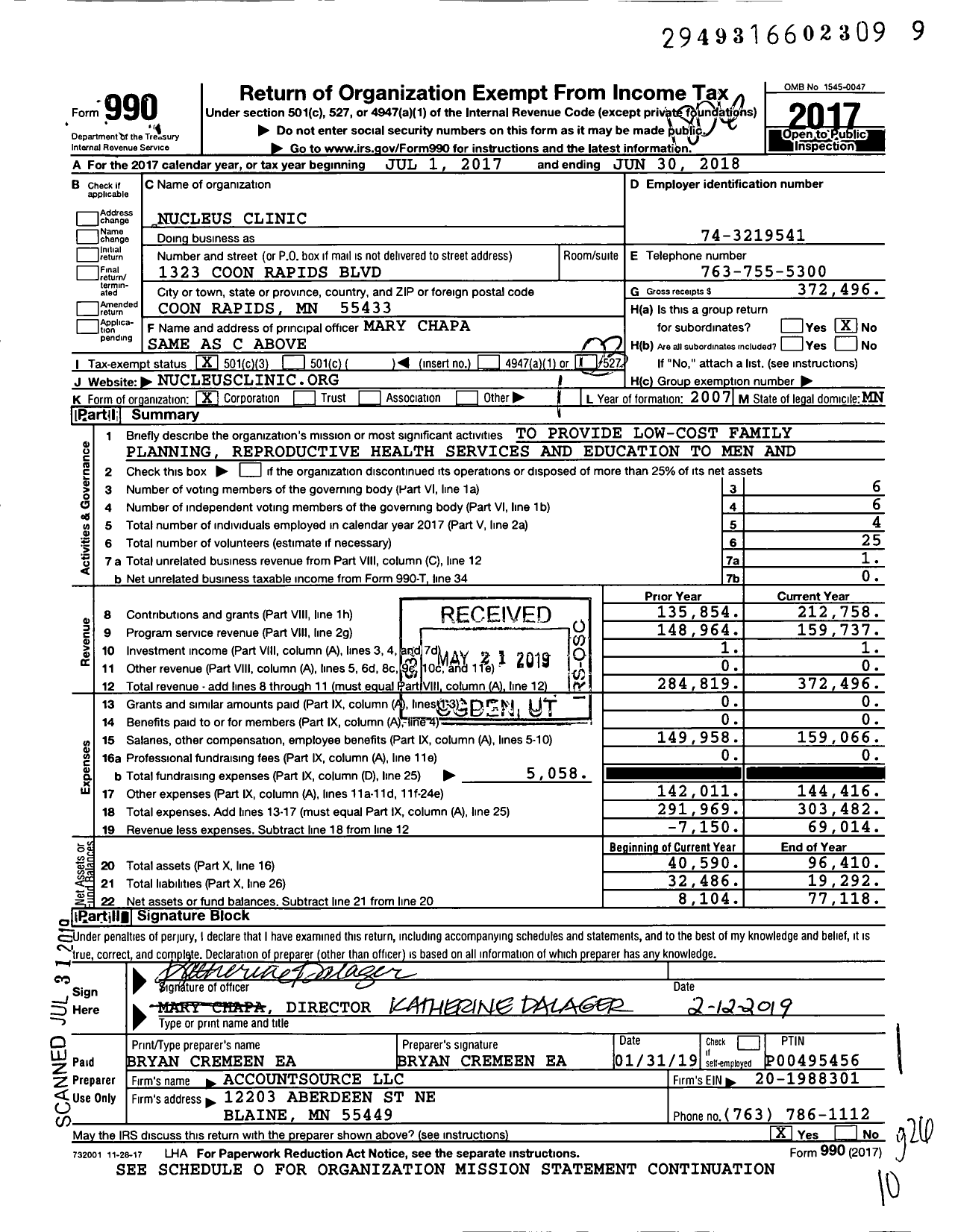 Image of first page of 2017 Form 990 for Nucleus Clinic