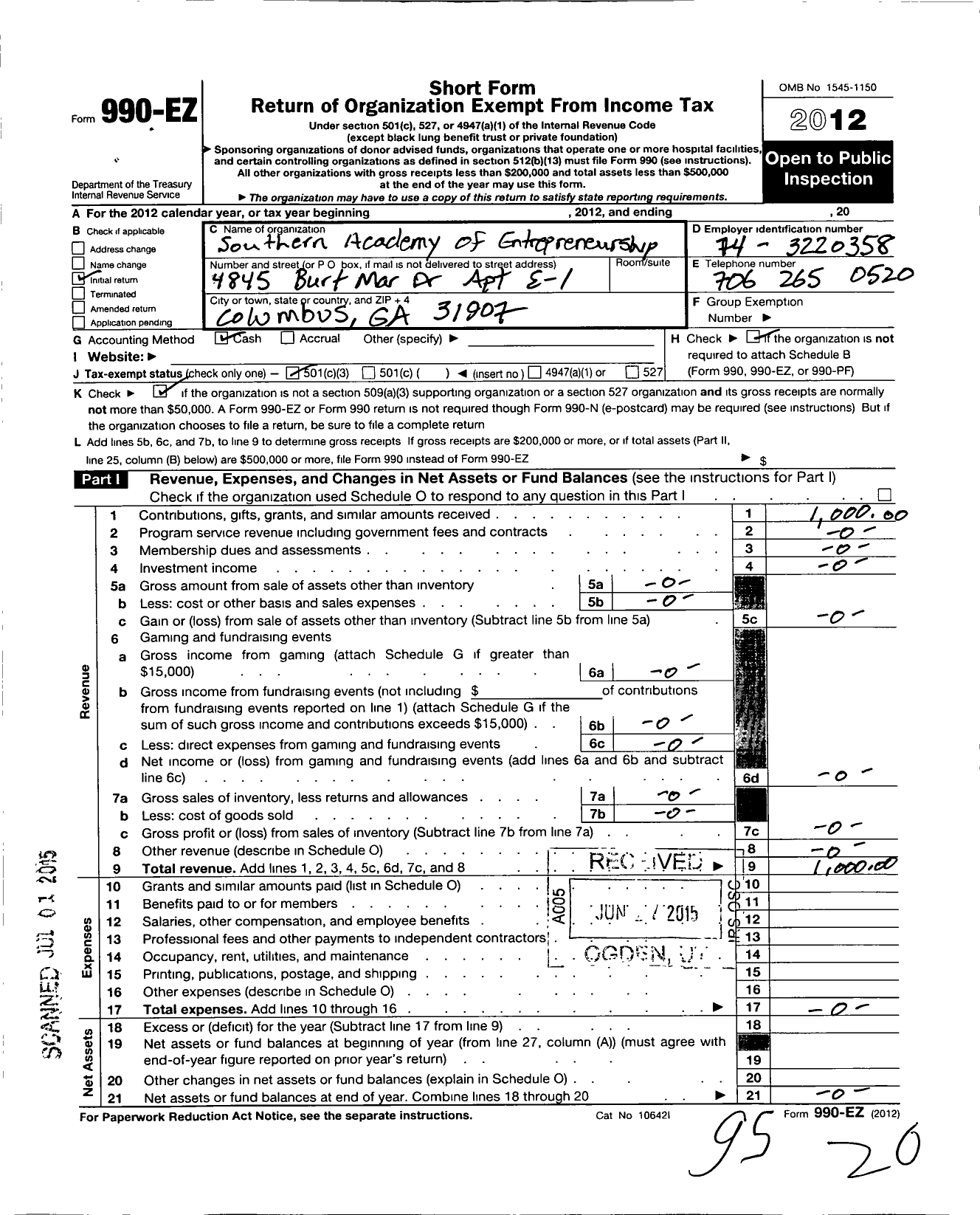 Image of first page of 2012 Form 990EZ for Southern Academy of Entrepreneurship