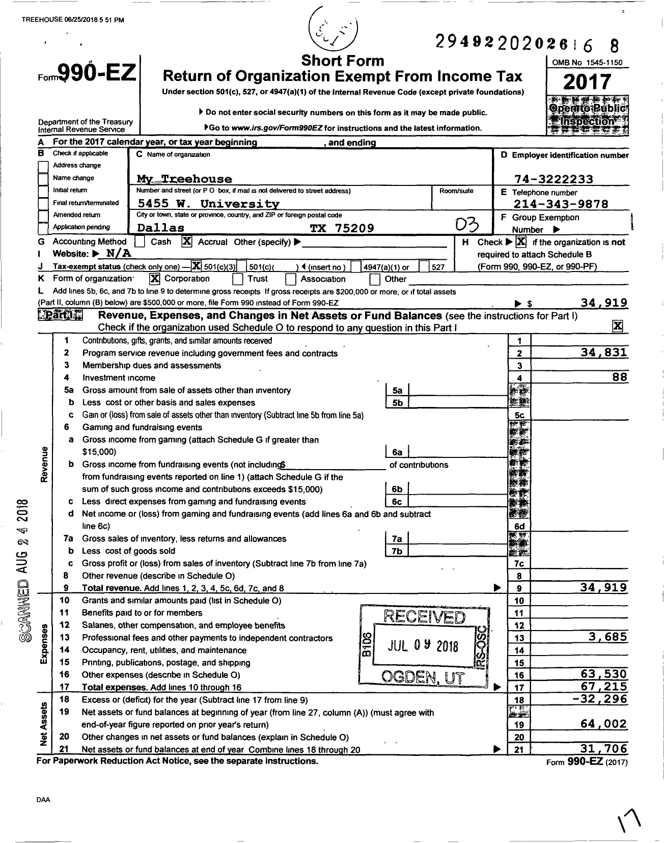 Image of first page of 2017 Form 990EZ for My Tree House