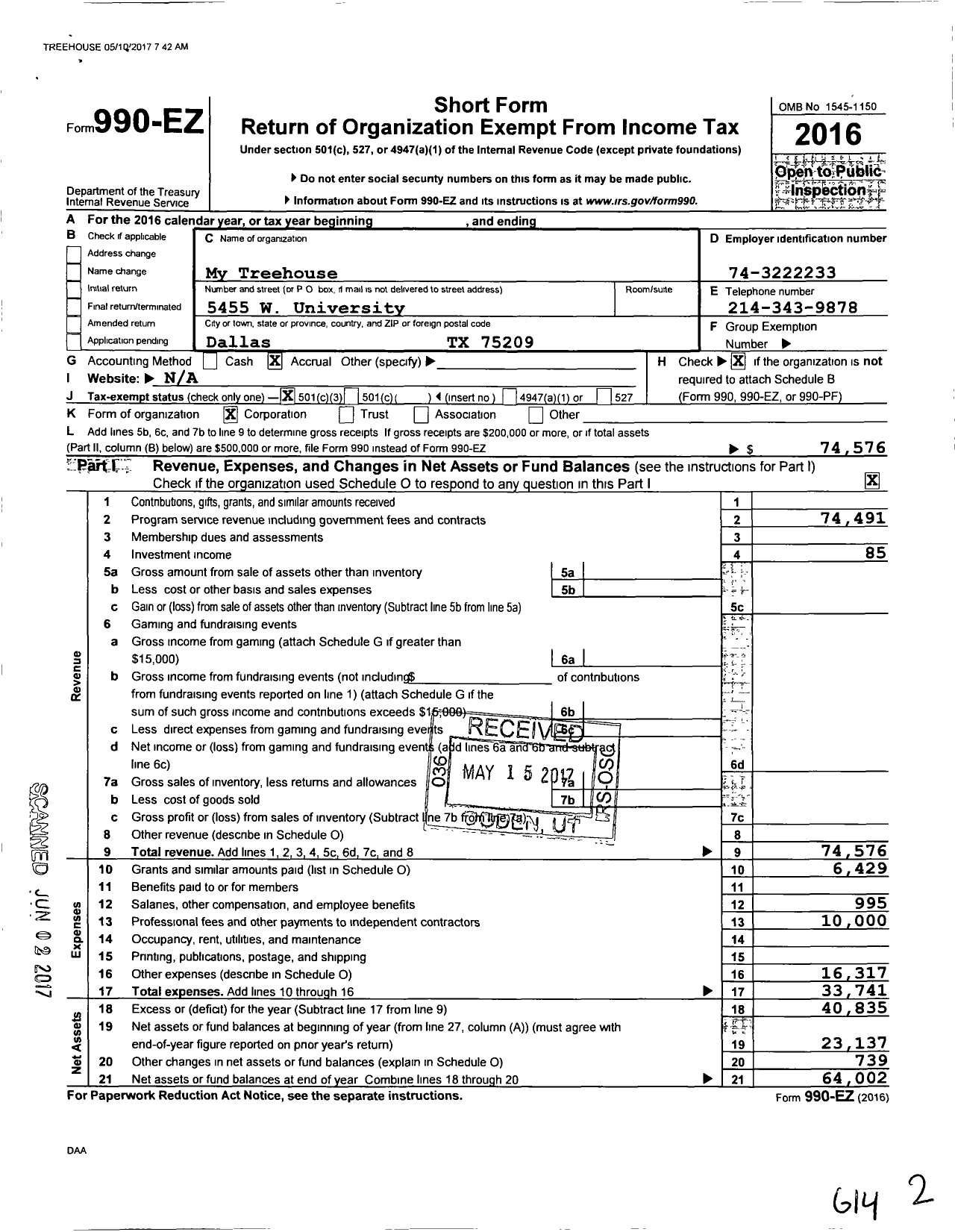 Image of first page of 2016 Form 990EZ for My Tree House