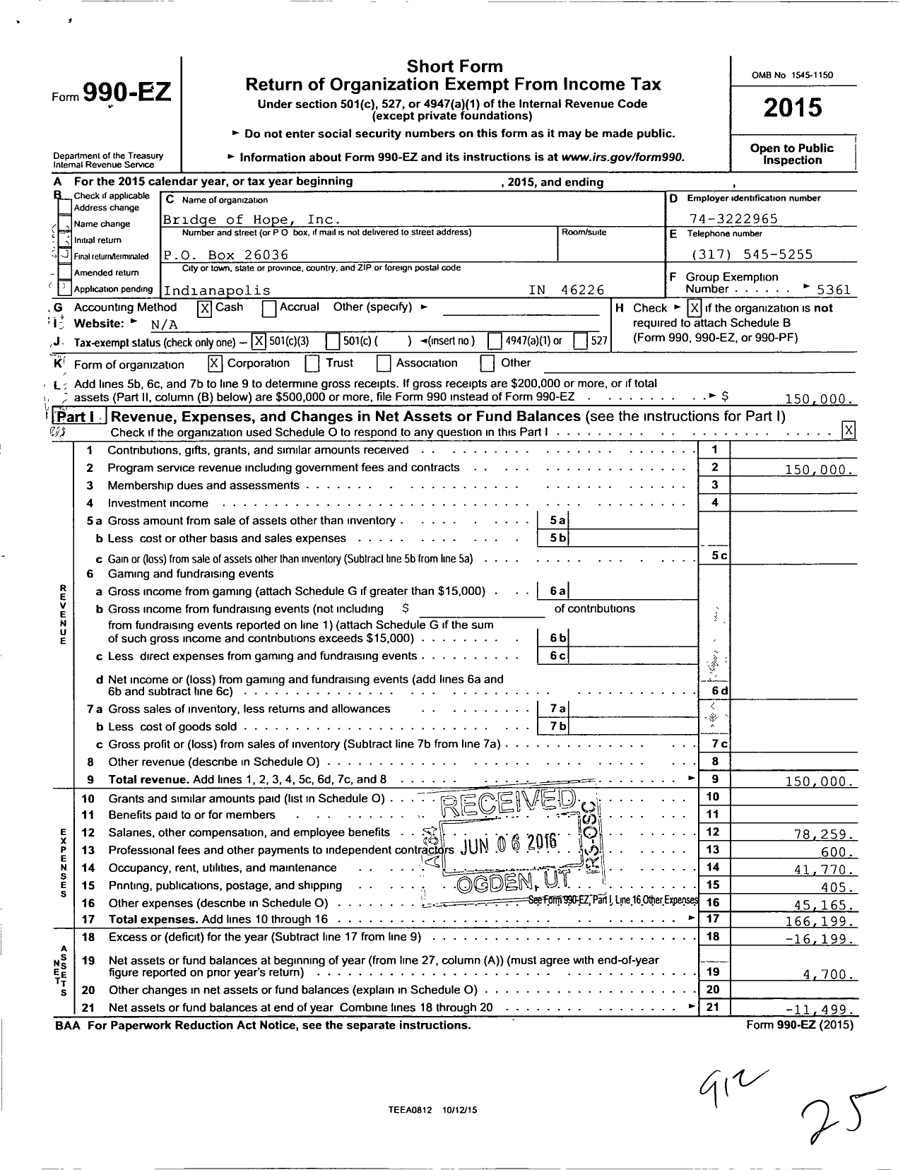 Image of first page of 2015 Form 990EZ for Bridge of Hope