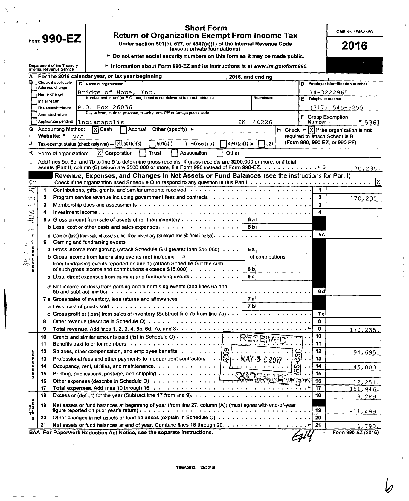 Image of first page of 2016 Form 990EZ for Bridge of Hope