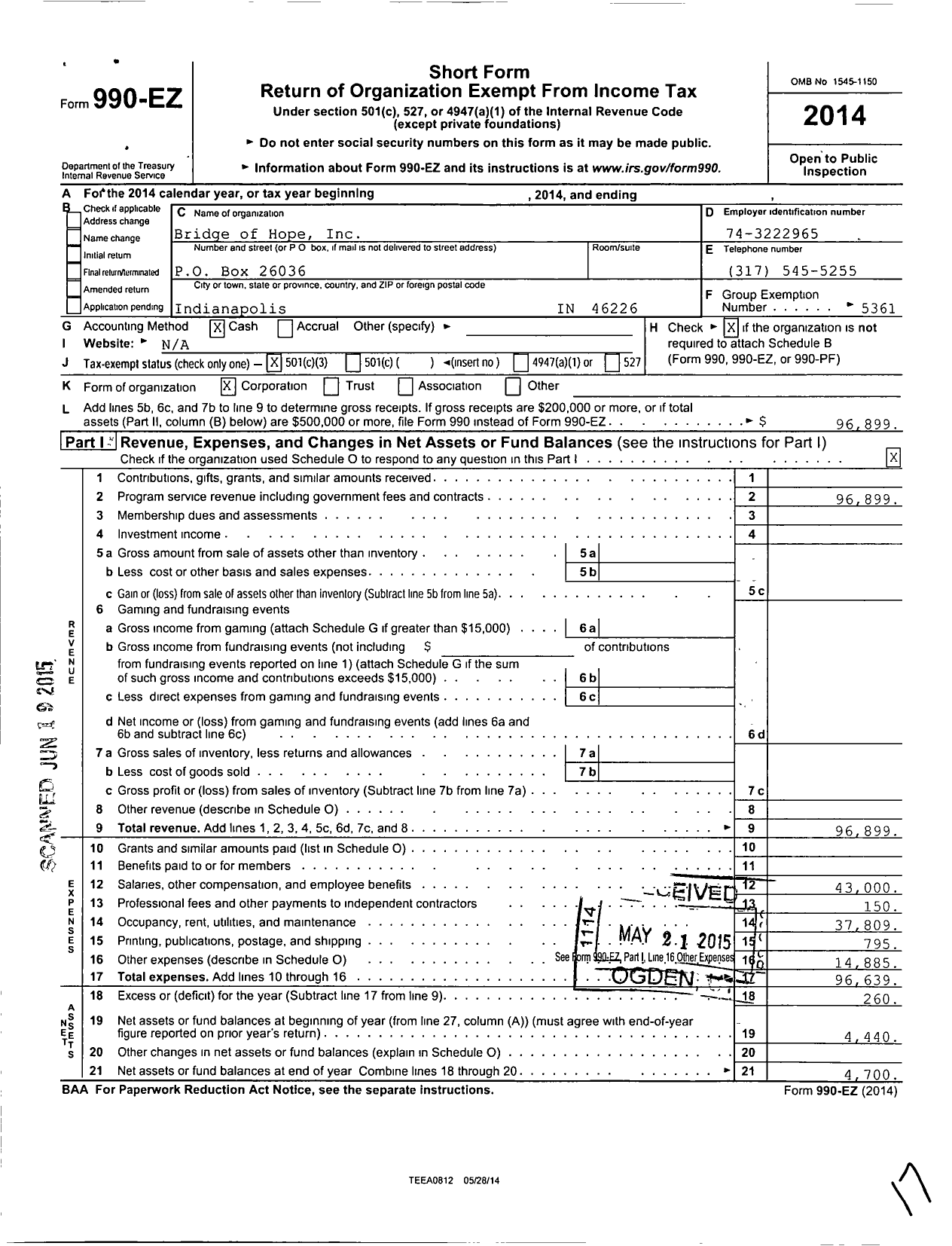 Image of first page of 2014 Form 990EZ for Bridge of Hope