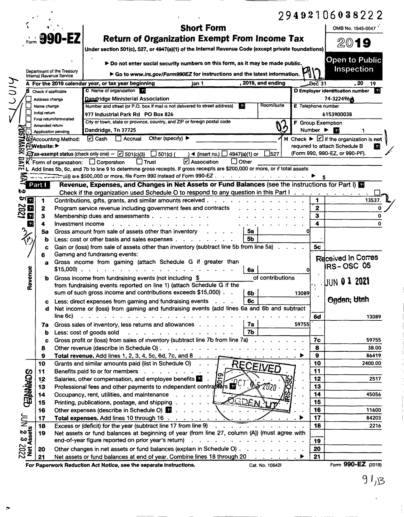 Image of first page of 2019 Form 990EZ for Dandridge Ministerial Association