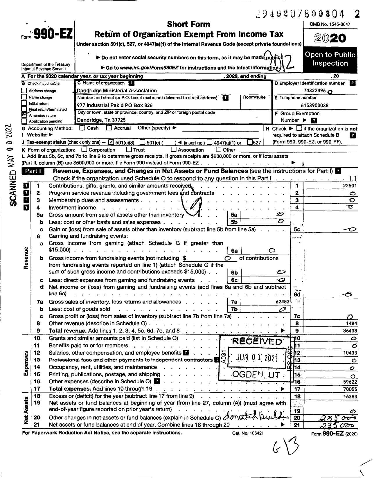 Image of first page of 2020 Form 990EZ for Dandridge Ministerial Association