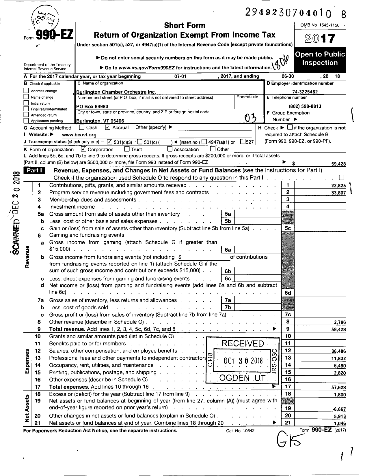 Image of first page of 2017 Form 990EZ for Burlington Chamber Orchestra