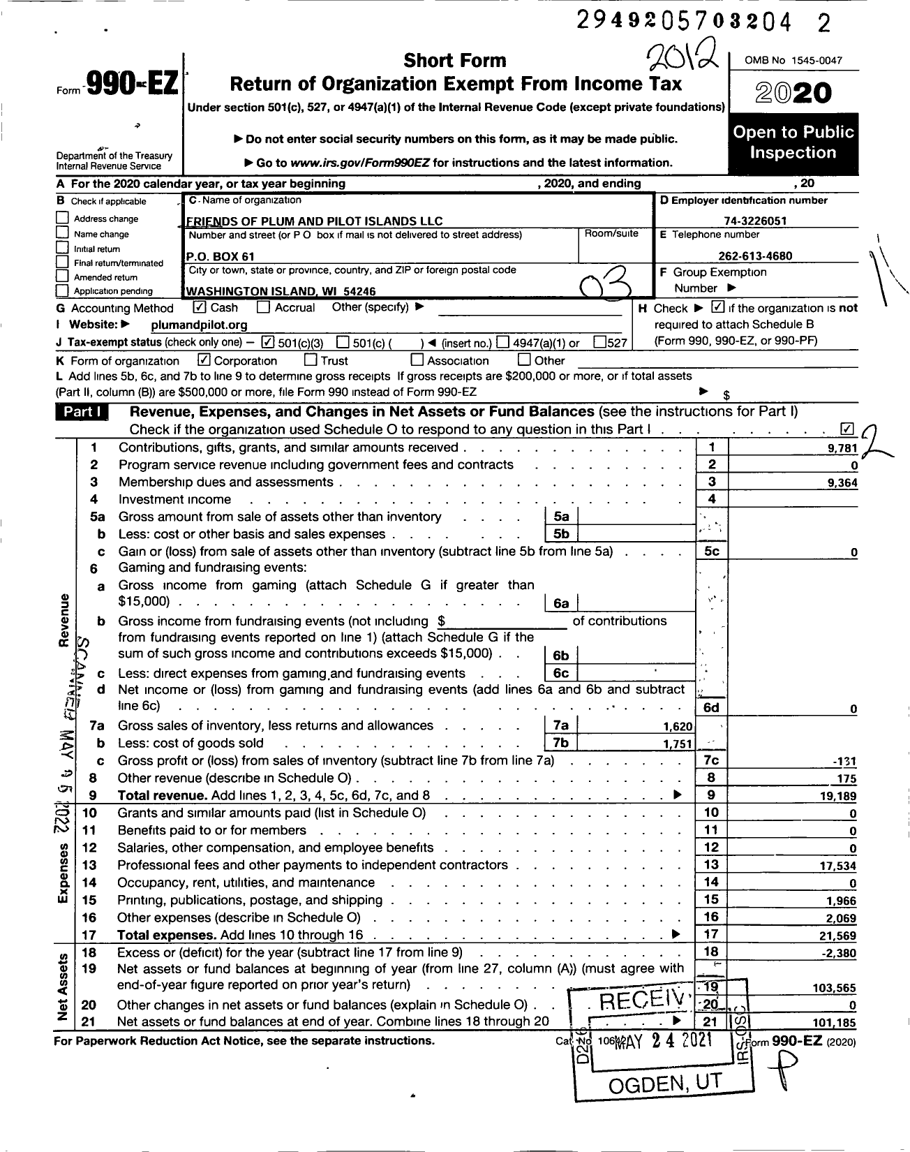 Image of first page of 2020 Form 990EZ for Friends of Plum and Pilot Islands