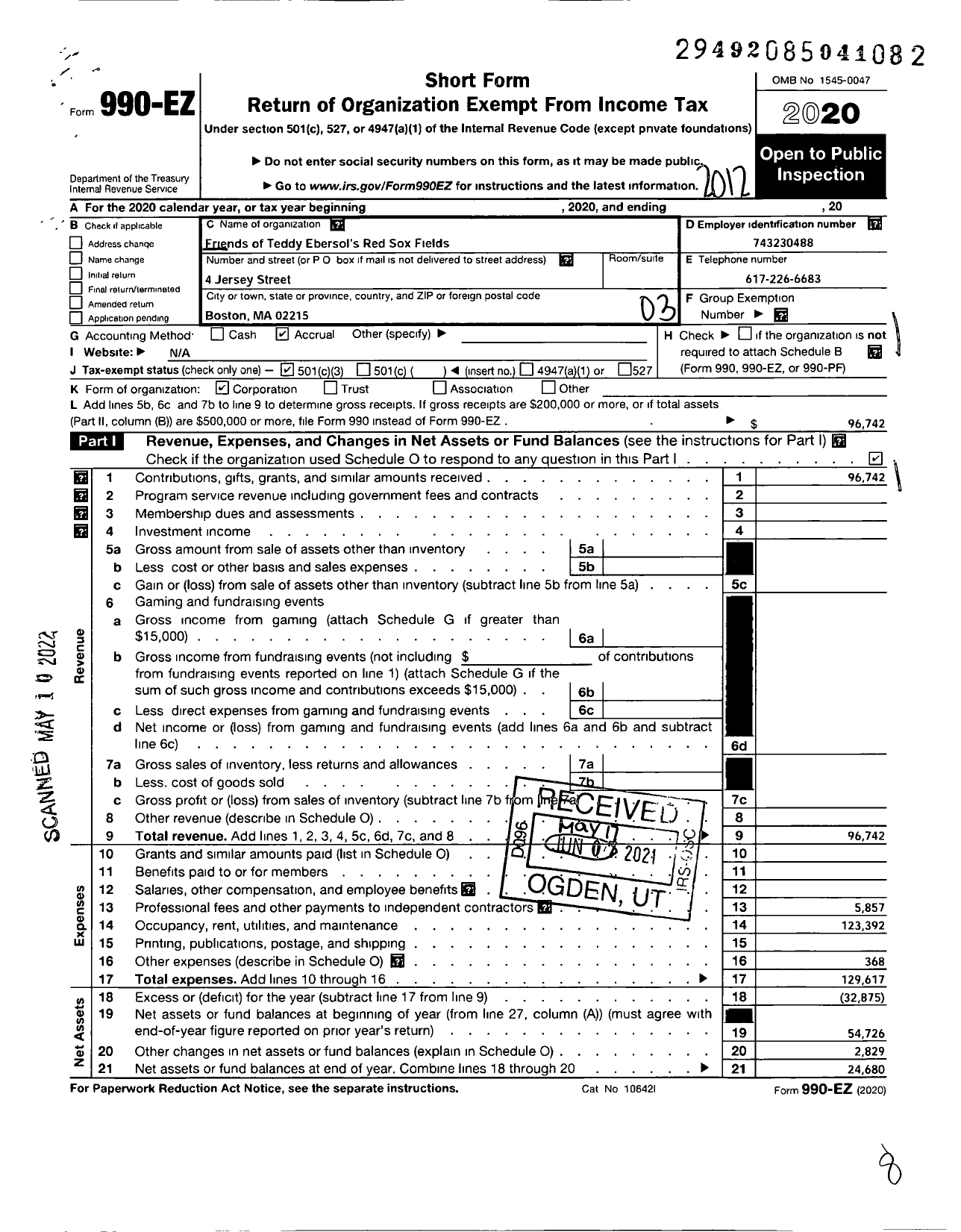 Image of first page of 2020 Form 990EZ for Friends of Teddy Ebersols Red Sox Fields