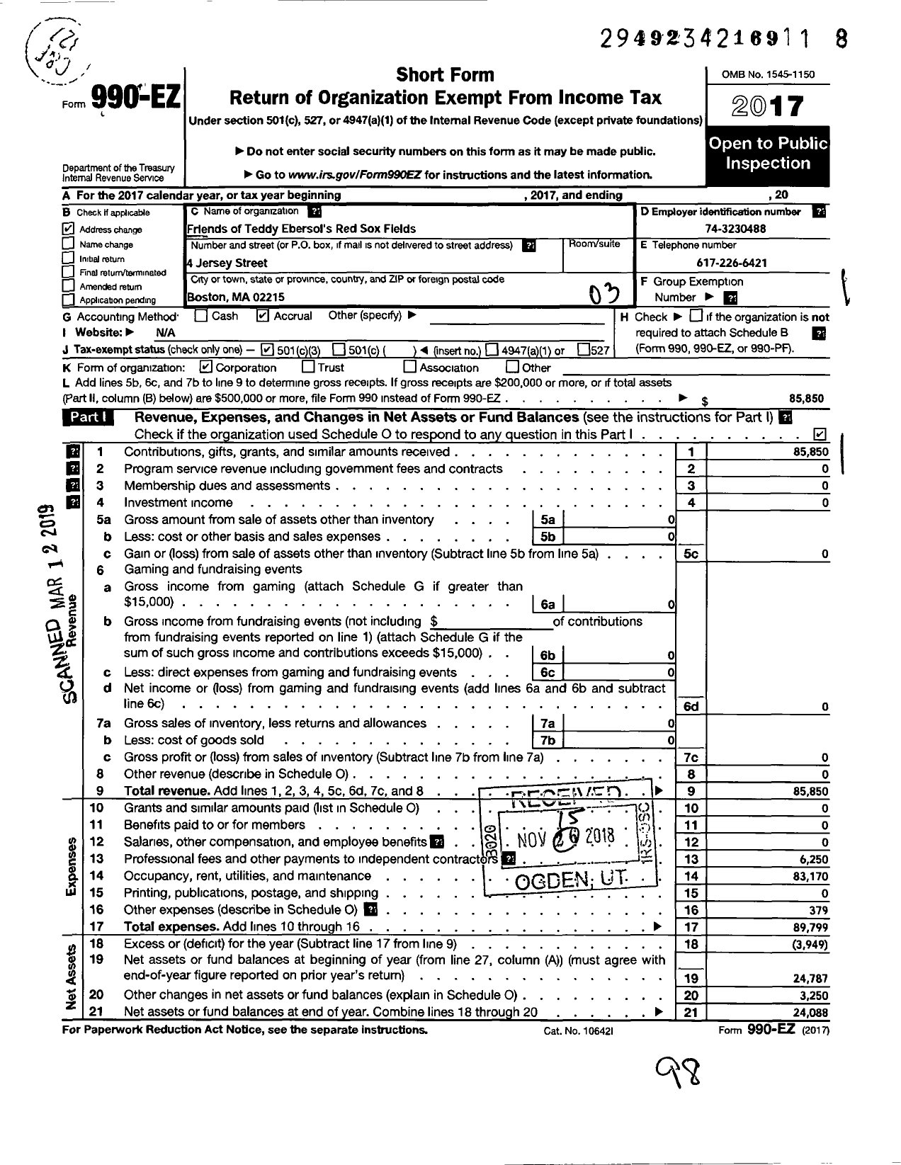 Image of first page of 2017 Form 990EZ for Friends of Teddy Ebersols Red Sox Fields