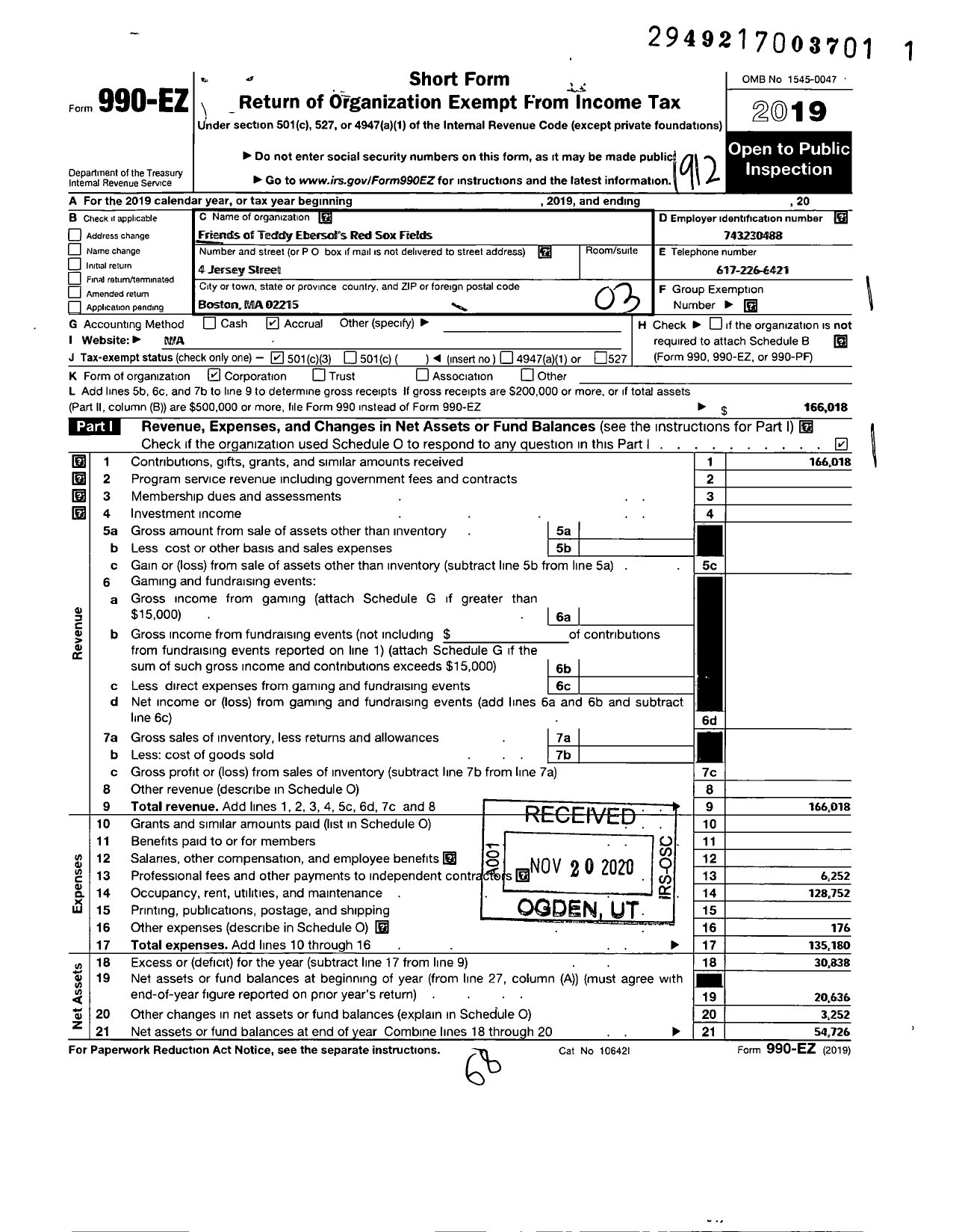 Image of first page of 2019 Form 990EZ for Friends of Teddy Ebersols Red Sox Fields