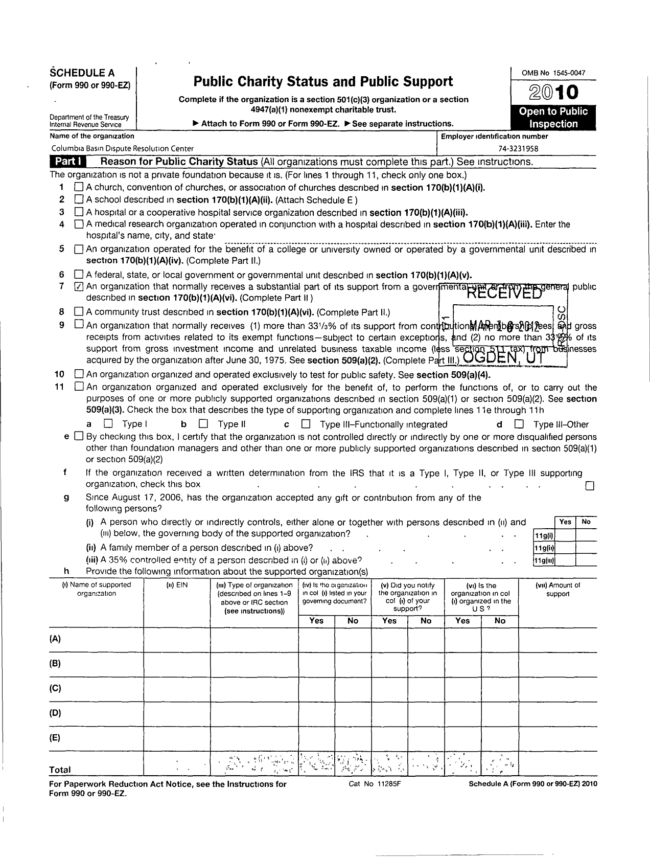 Image of first page of 2010 Form 990ER for Columbia Basin Dispute Resolution Center