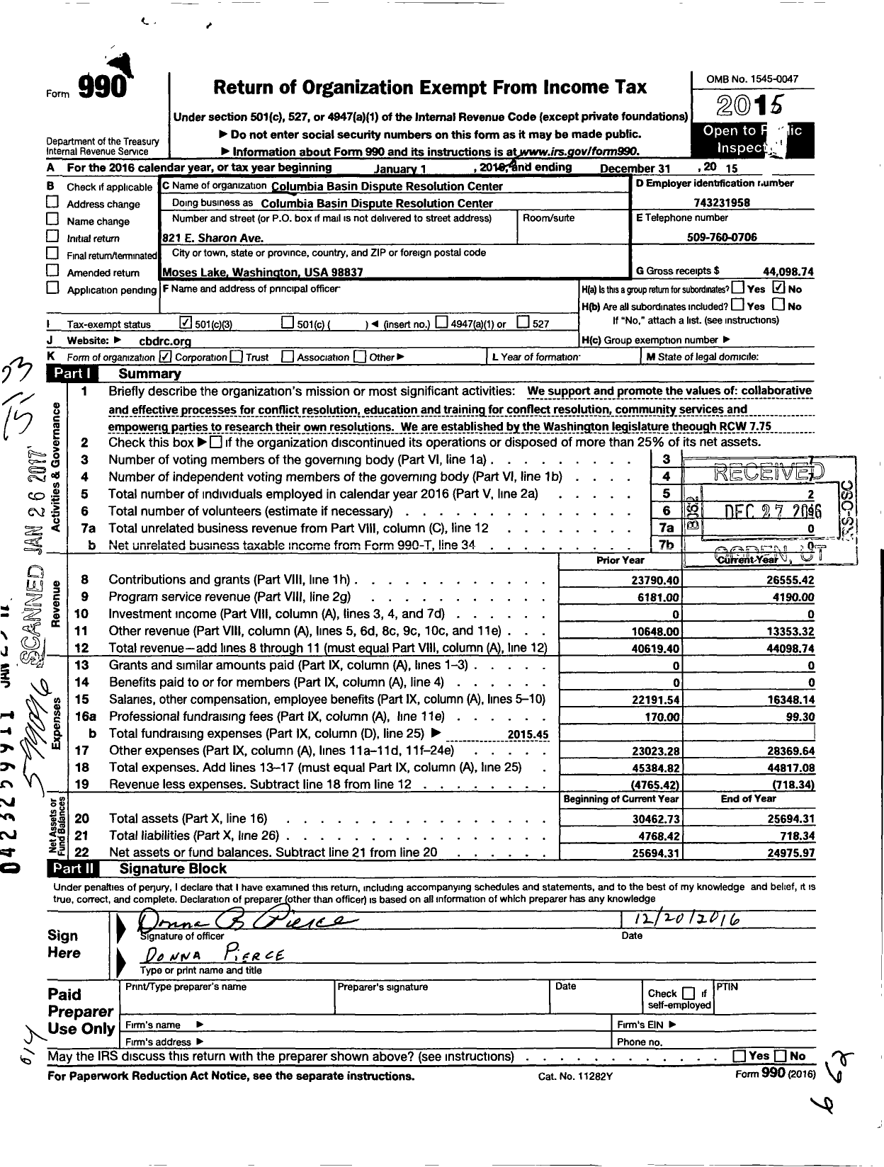 Image of first page of 2015 Form 990 for Columbia Basin Dispute Resolution Center