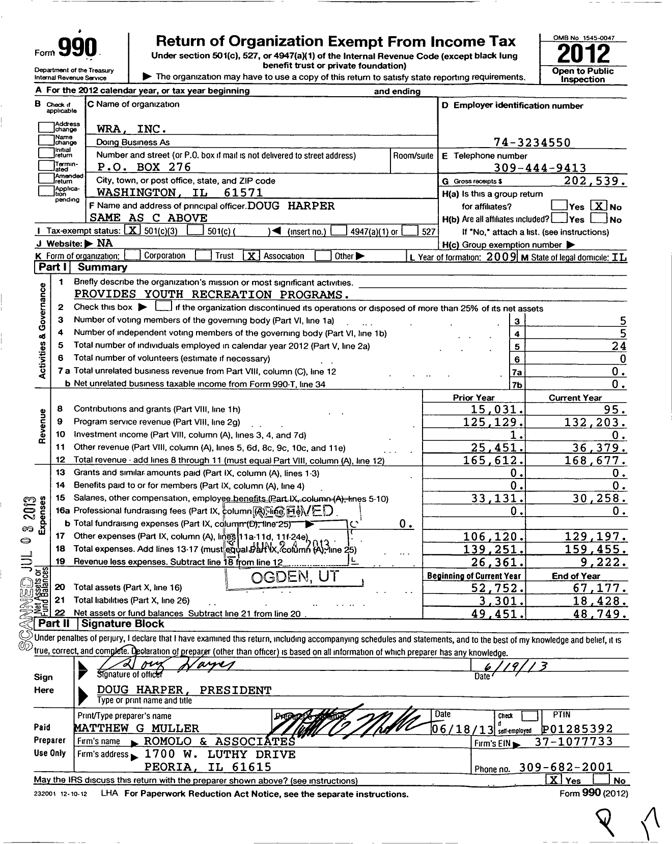 Image of first page of 2012 Form 990 for Wra