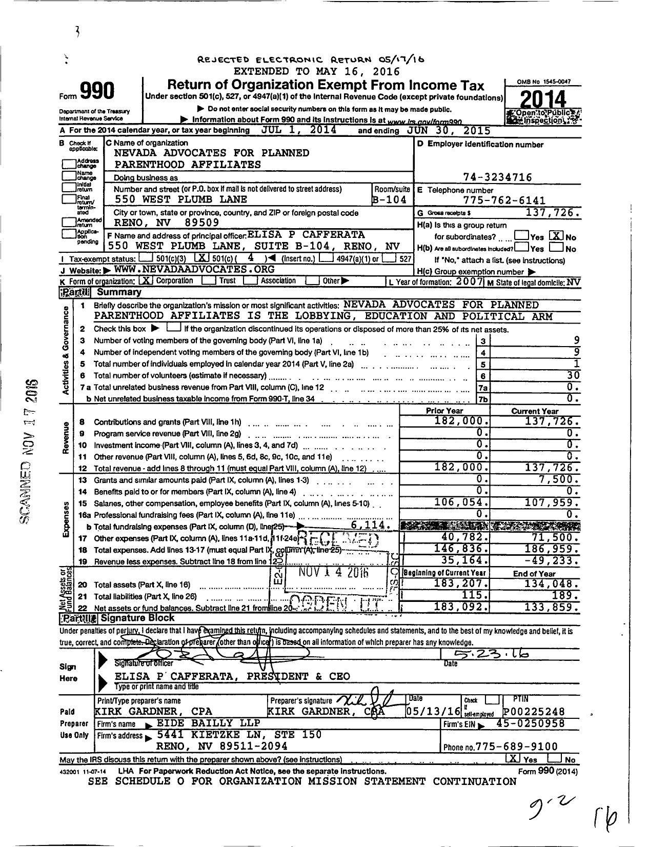 Image of first page of 2014 Form 990O for Nevada Advocates for Planned Parenthood