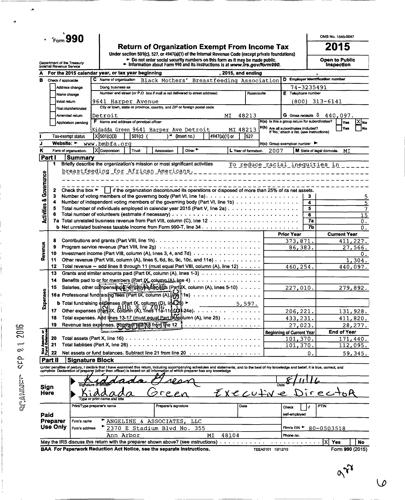 Image of first page of 2015 Form 990 for Black Mothers Breastfeeding Association (BMBFA)