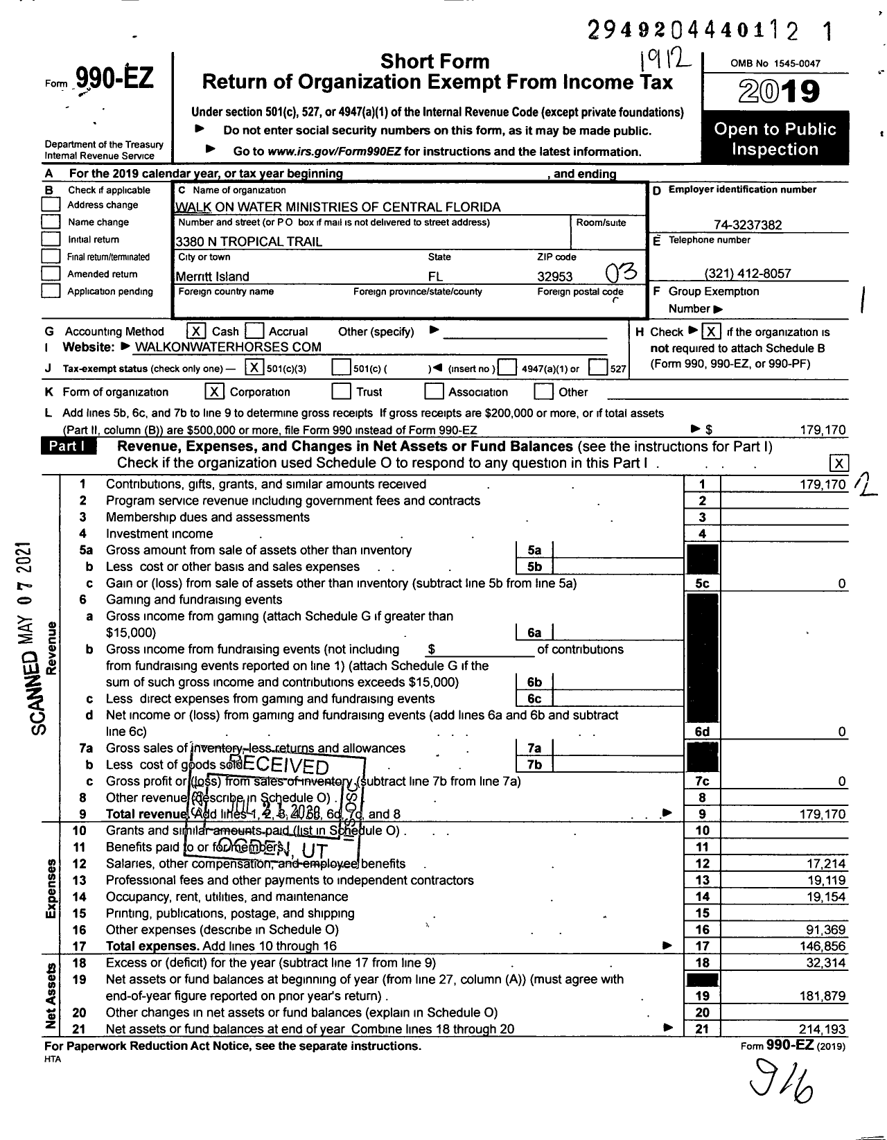 Image of first page of 2019 Form 990EZ for Walk on Water Ministries of Central Florida