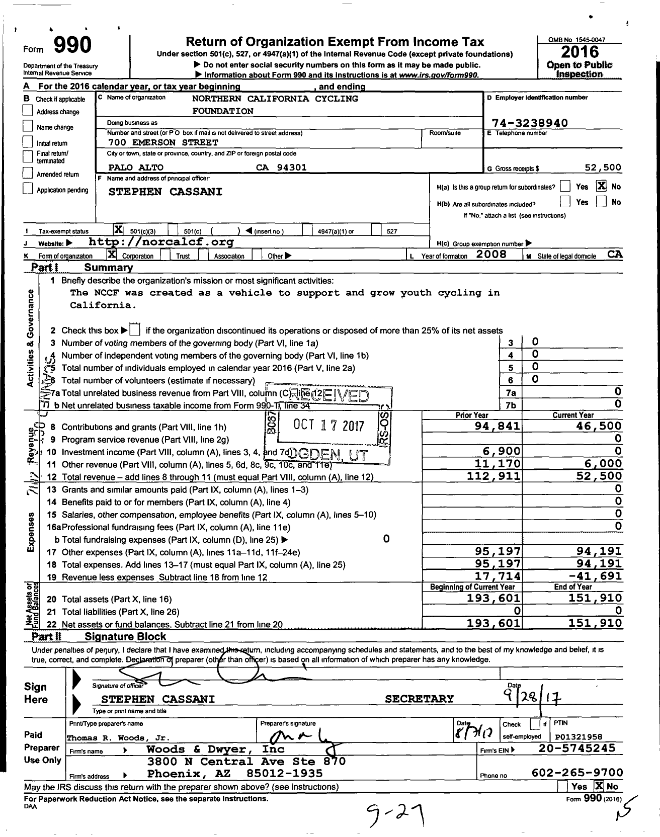 Image of first page of 2016 Form 990 for Northern California Cycle Foundation