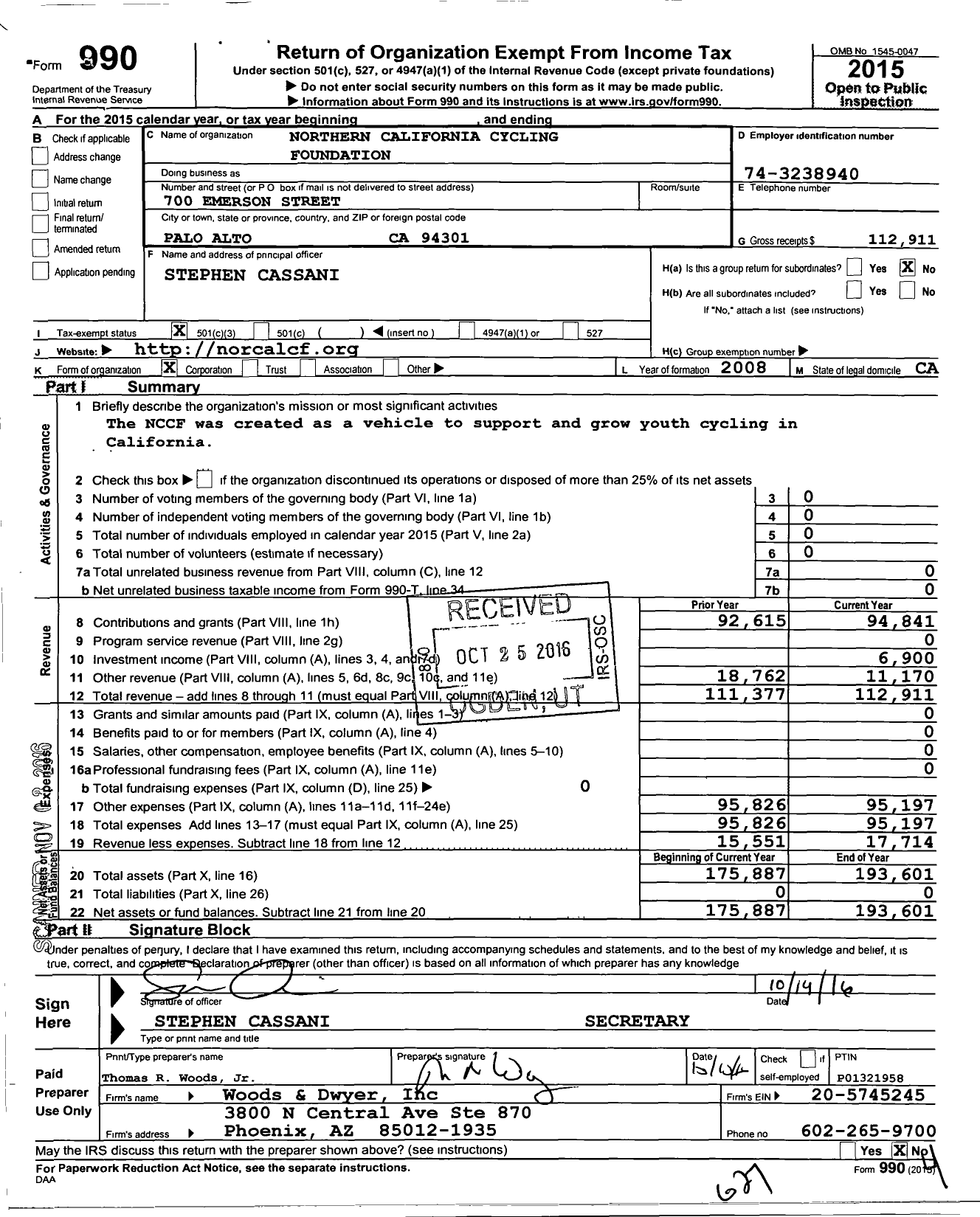 Image of first page of 2015 Form 990 for Northern California Cycle Foundation