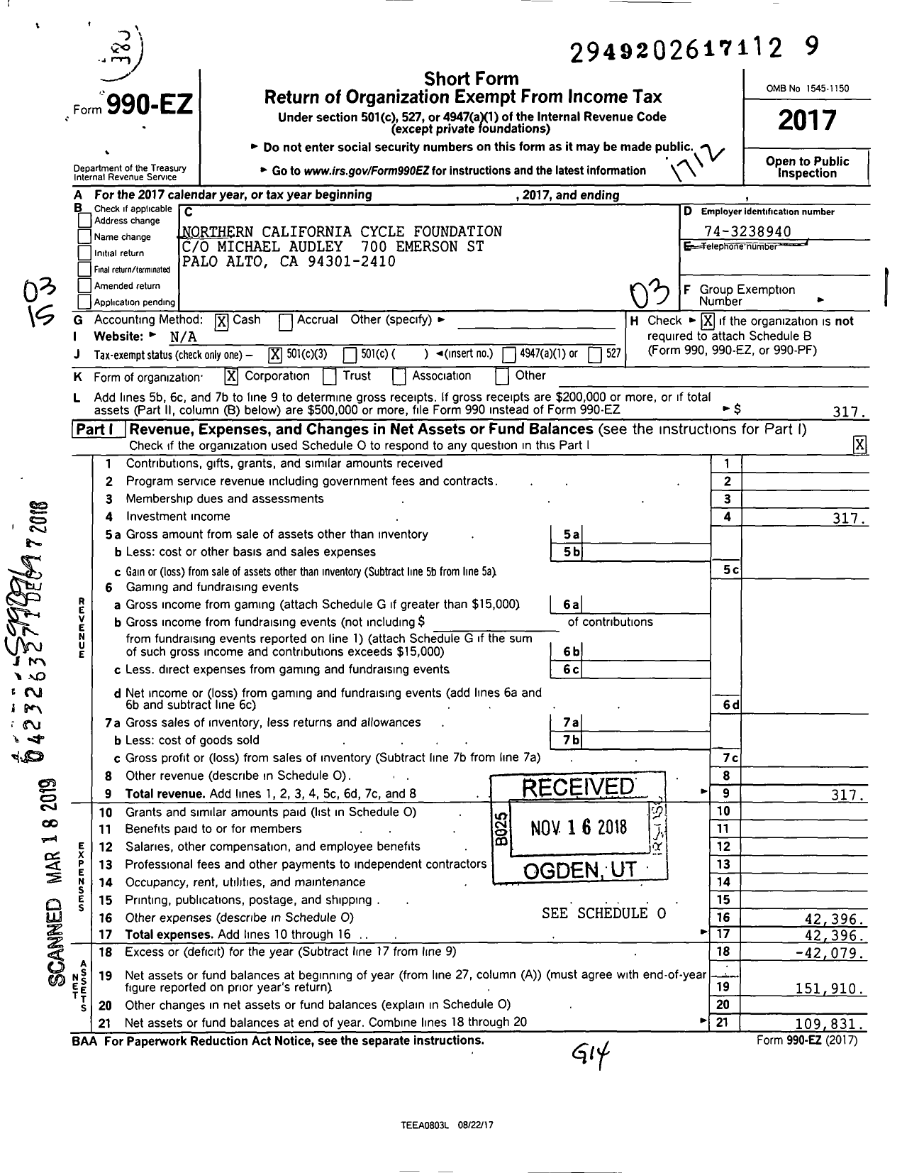 Image of first page of 2017 Form 990EZ for Northern California Cycle Foundation