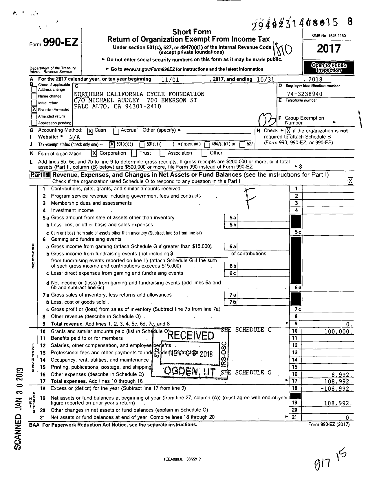 Image of first page of 2017 Form 990EZ for Northern California Cycle Foundation