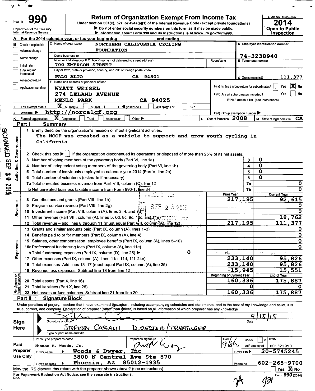 Image of first page of 2014 Form 990 for Northern California Cycle Foundation