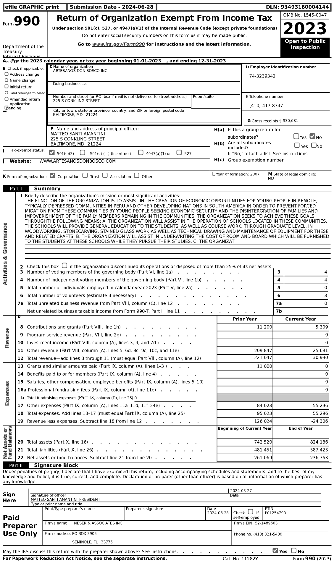 Image of first page of 2023 Form 990 for Artesanos Don Bosco