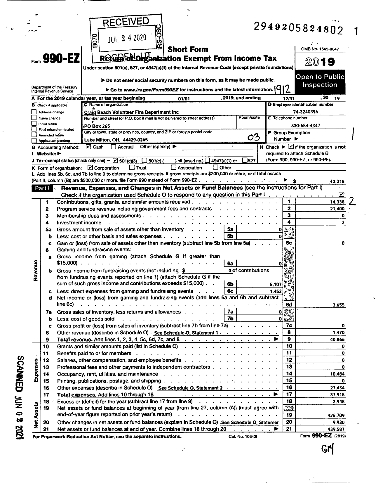 Image of first page of 2019 Form 990EZ for Craig Beach Volunteer Fire Department